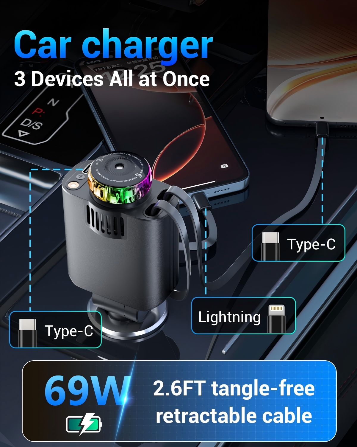 Ein Auto-Ladegerät mit drei Ladeanschlüssen (zwei Typ-C, ein Lightning) und einem einziehbaren Kabel.