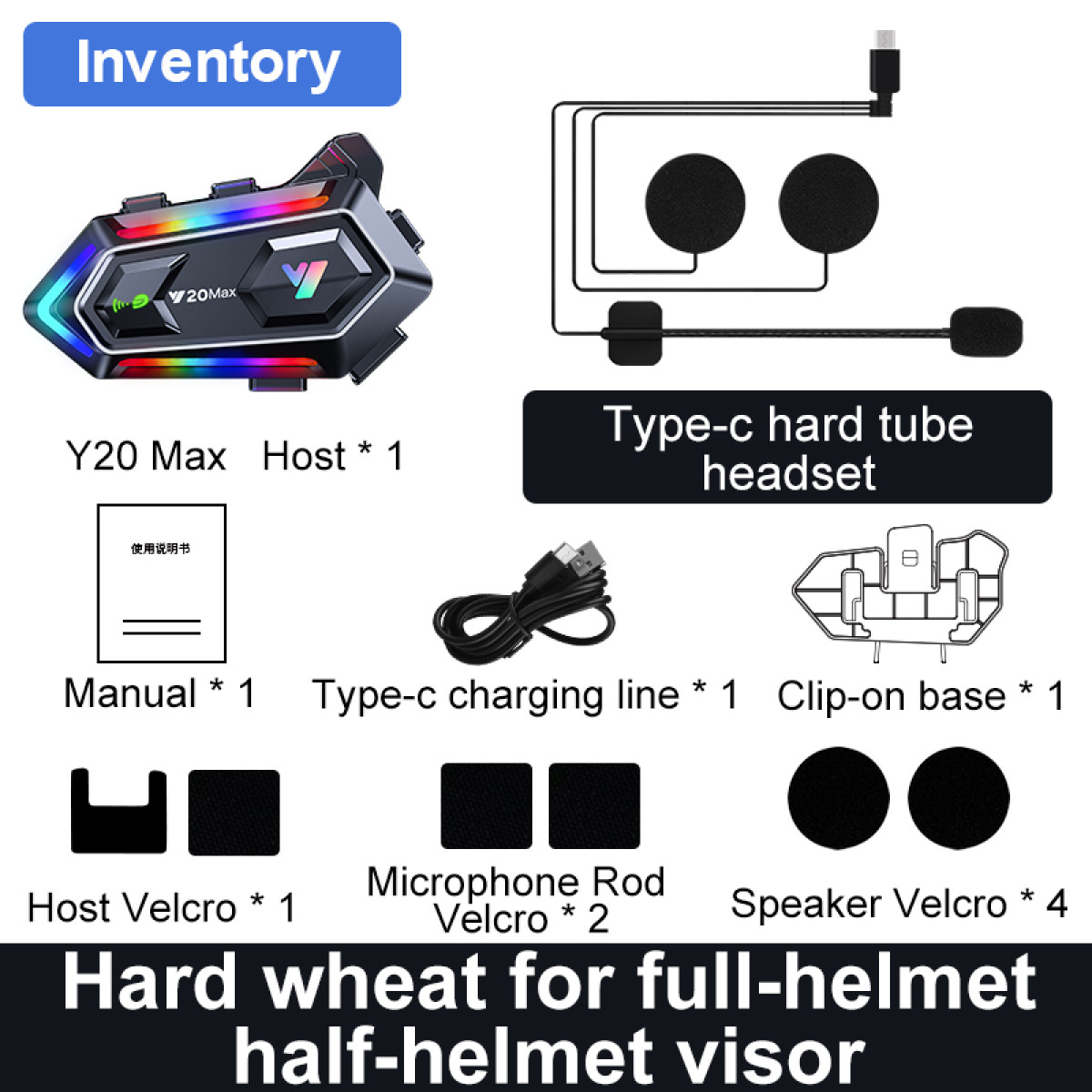 Y20 Max Helmkommunikator-Kit mit Zubehör: Headset, Handbuch, Kabel, Klett.