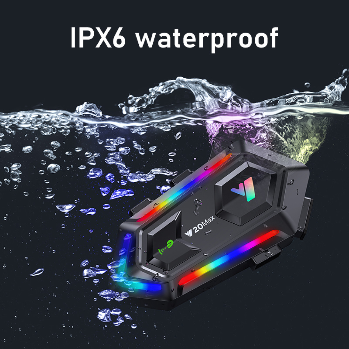 Schwarzes Gerät mit bunten Lichtern taucht in Wasser, IPX6 wasserdicht.