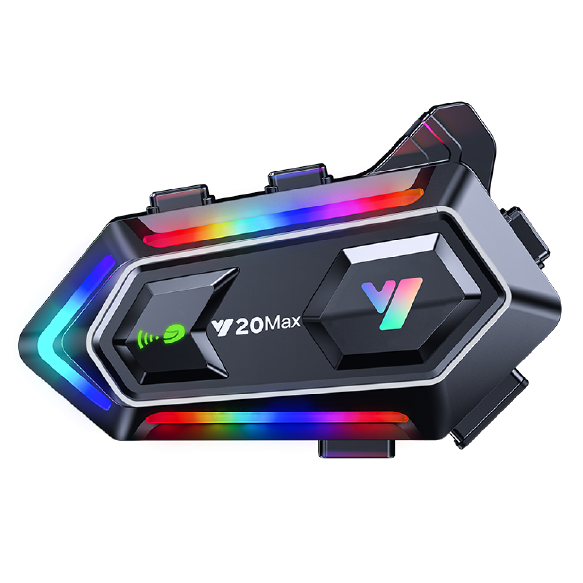 Ein schwarzes Kommunikationsgerät mit RGB-Beleuchtung und einem "V20Max"-Logo.