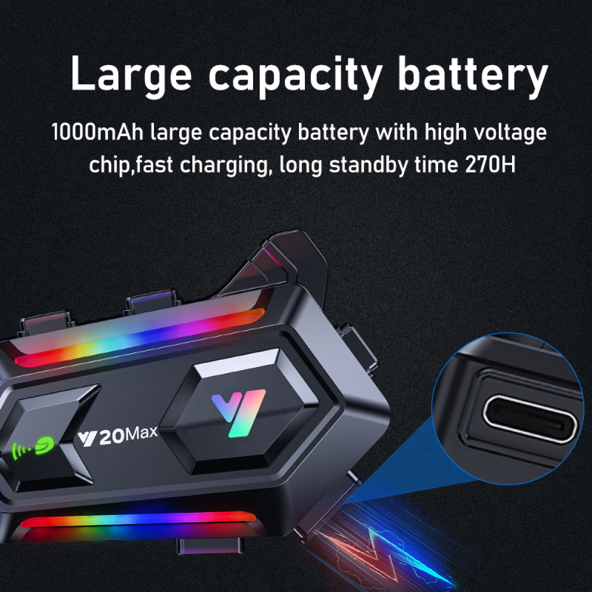 Schwarzes V20Max-Gerät mit bunten LED-Lichtern und USB-C-Anschluss. Große Akkukapazität.
