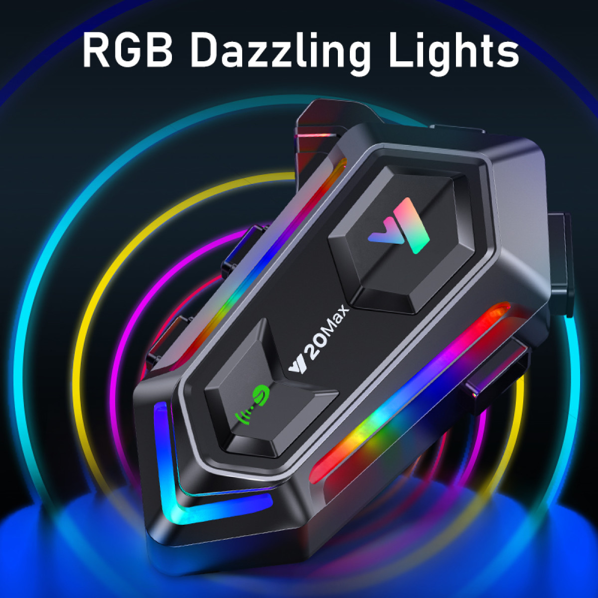 Schwarzes Gerät mit RGB-Beleuchtung und bunten Ringen im Hintergrund.