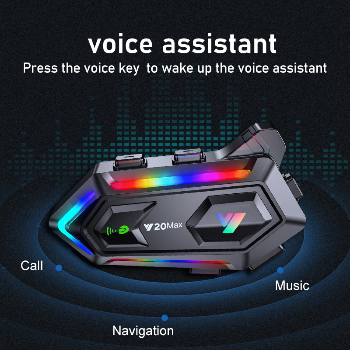 Schwarzes Sprachassistent-Gerät mit bunten LED-Lichtern, beschriftet mit Call, Music, Navigation.