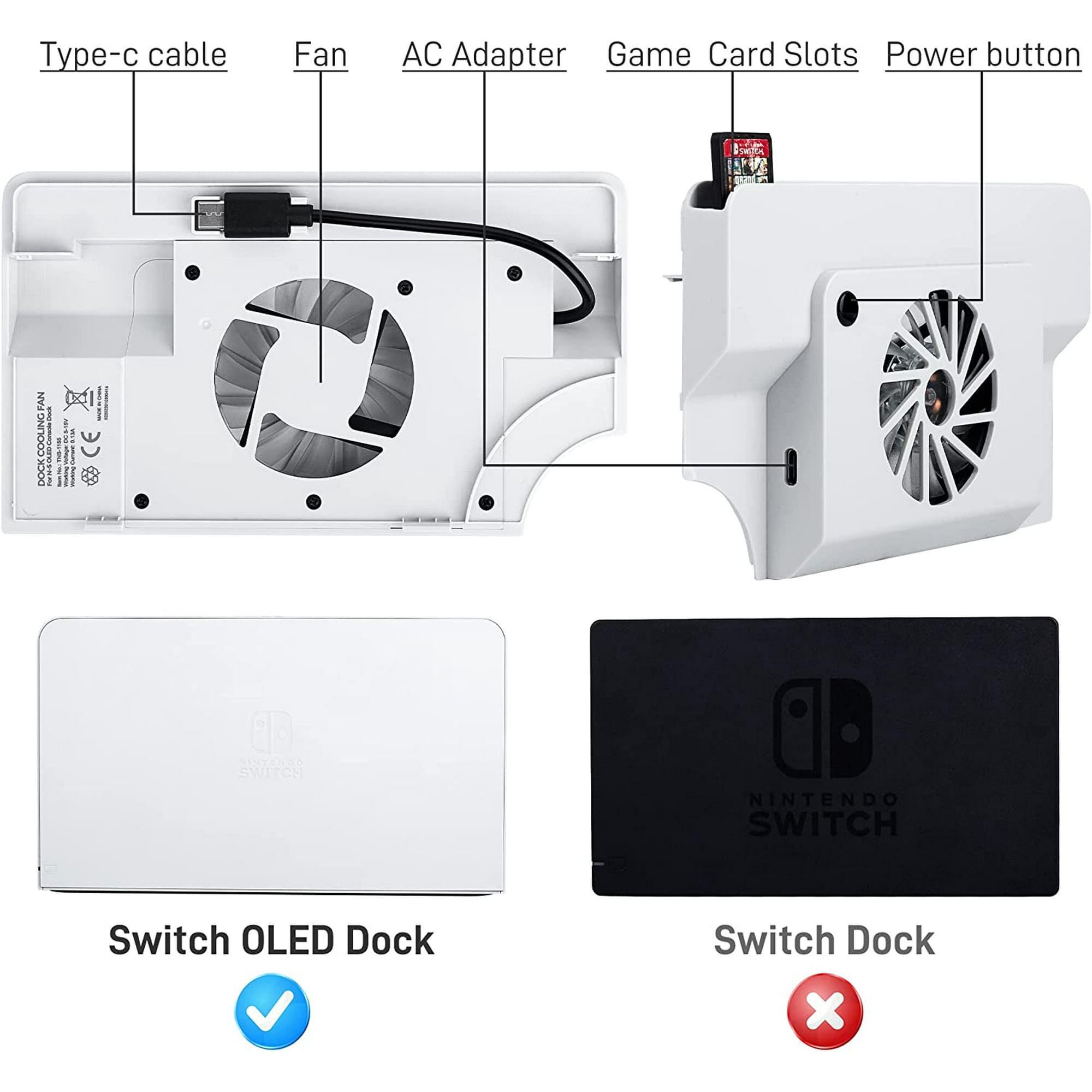 Vergleich von Nintendo Switch und OLED-Docks, mit Lüfter und Spielsteckplätzen.