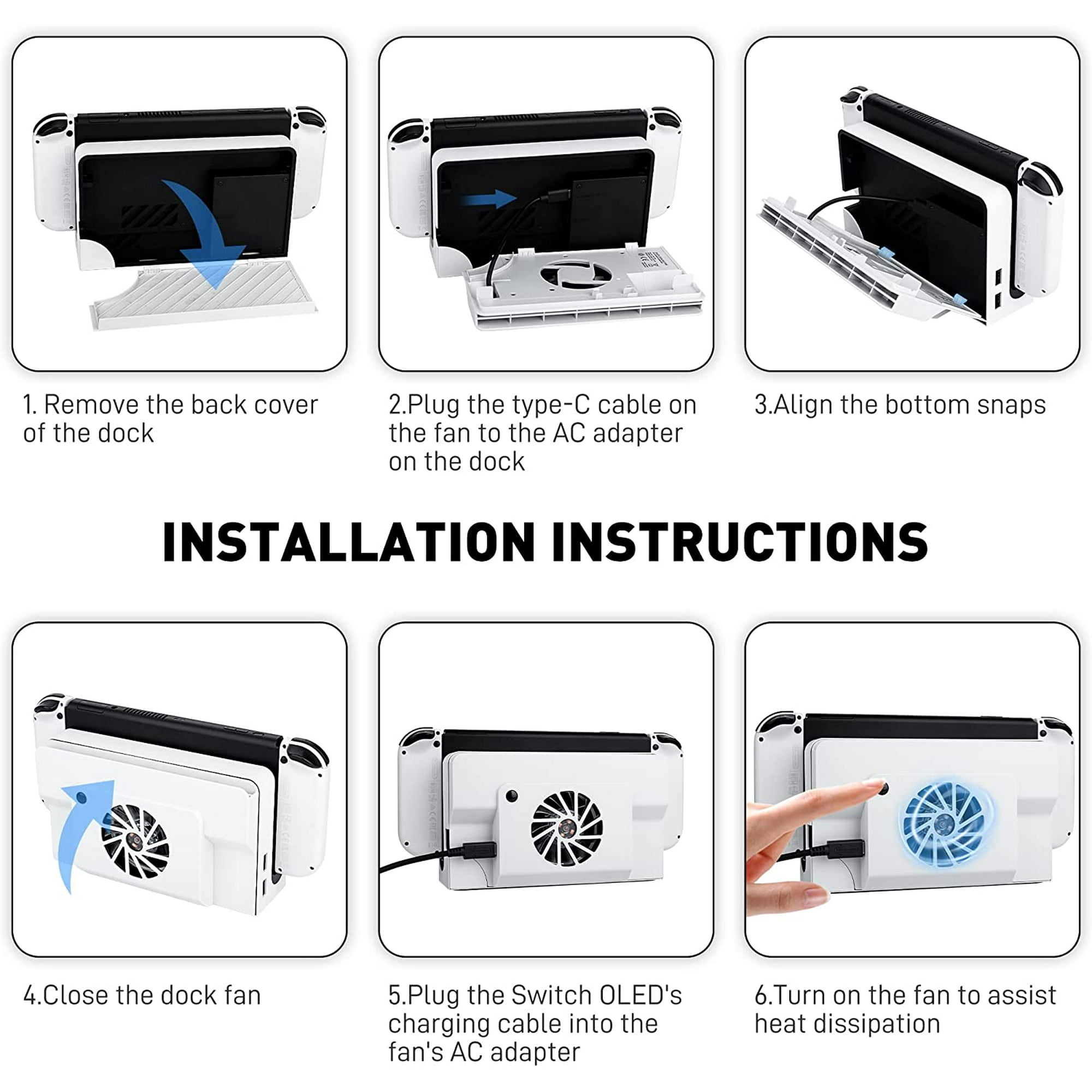 Installationsanleitung für einen Switch-Dock-Lüfter: 6 Schritte mit Grafiken.