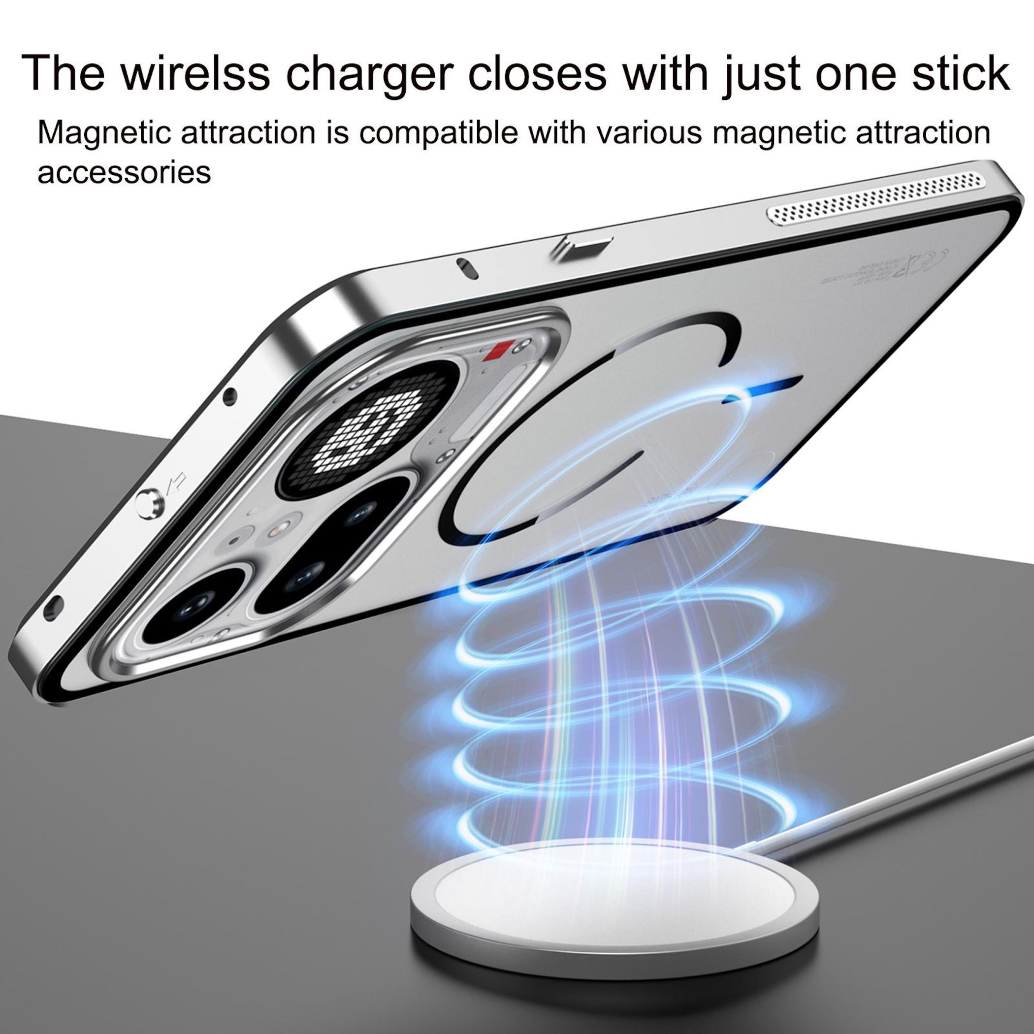 Ein silbernes Smartphone-Gehäuse mit einem magnetischen kabellosen Ladegerät, das blaues Licht aussendet.