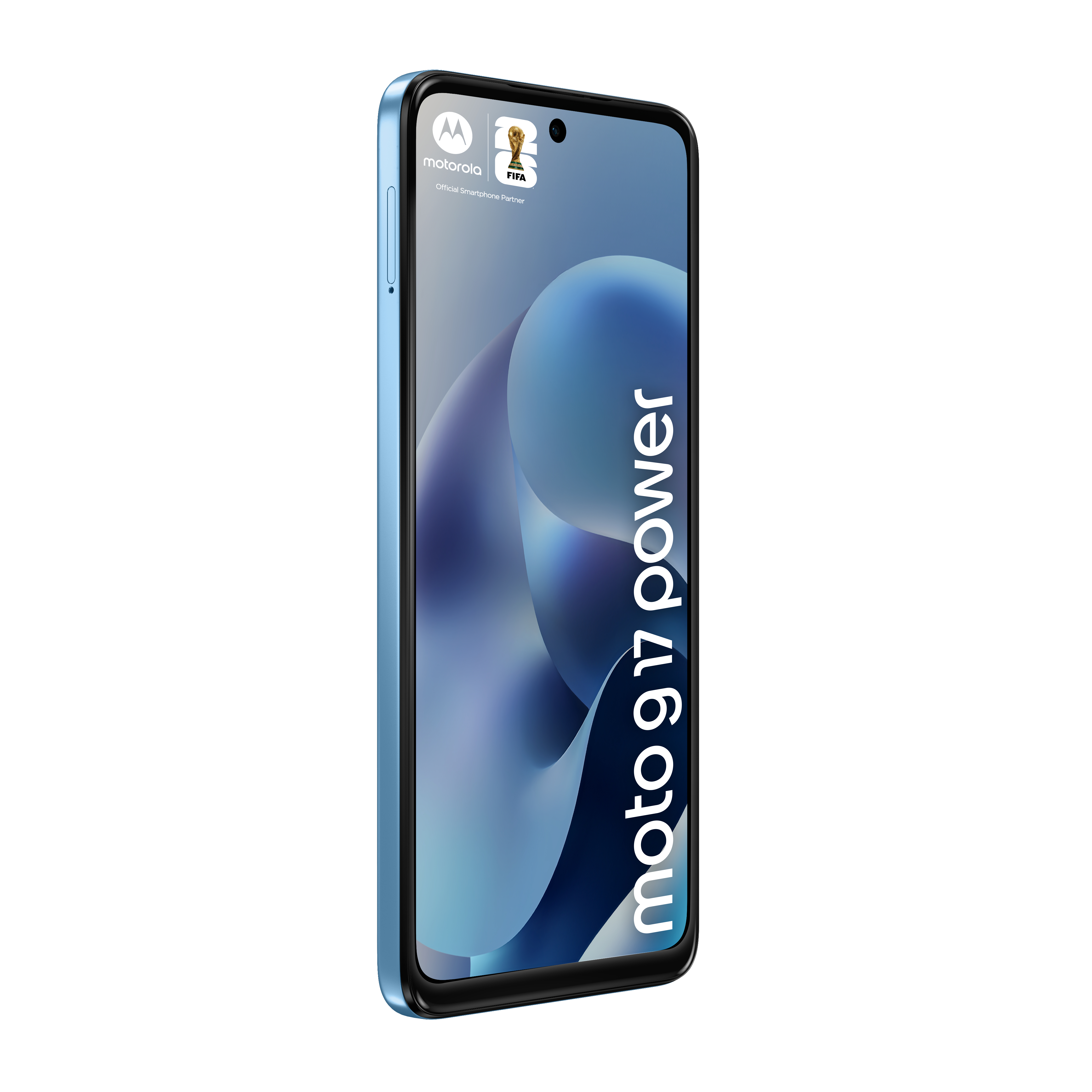 Ein blaues Motorola Smartphone mit FIFA-Logo und Schriftzug 'moto g 9 17 power'.