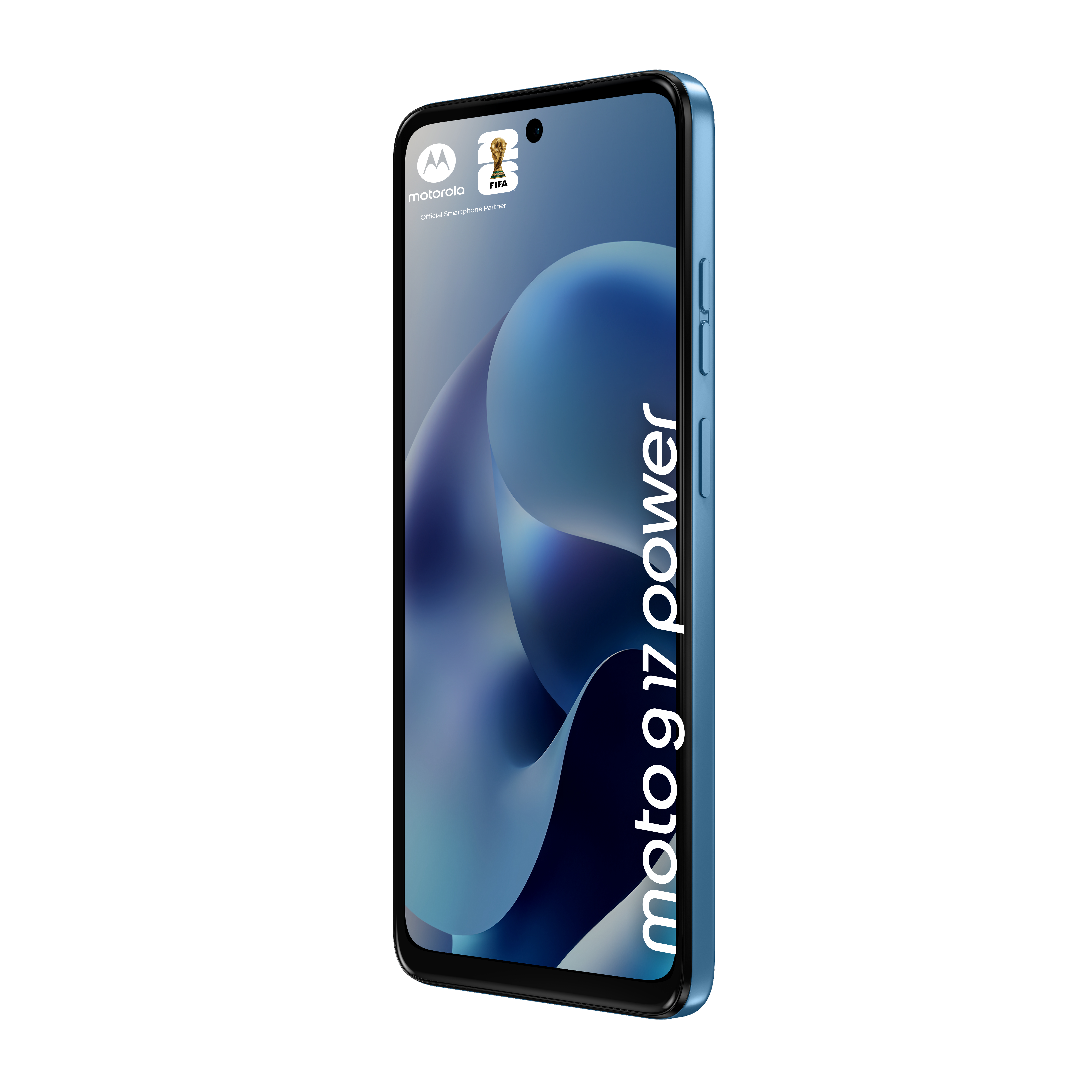 Ein blaues Motorola Smartphone mit FIFA-Logo und Schriftzug "moto 9 17 power".