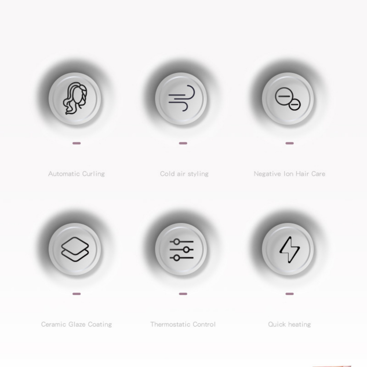 Sechs Icons: Automat. Locken, Kaltluft, Ionenpflege, Keramik, Thermostat, Schnelles Aufheizen.
