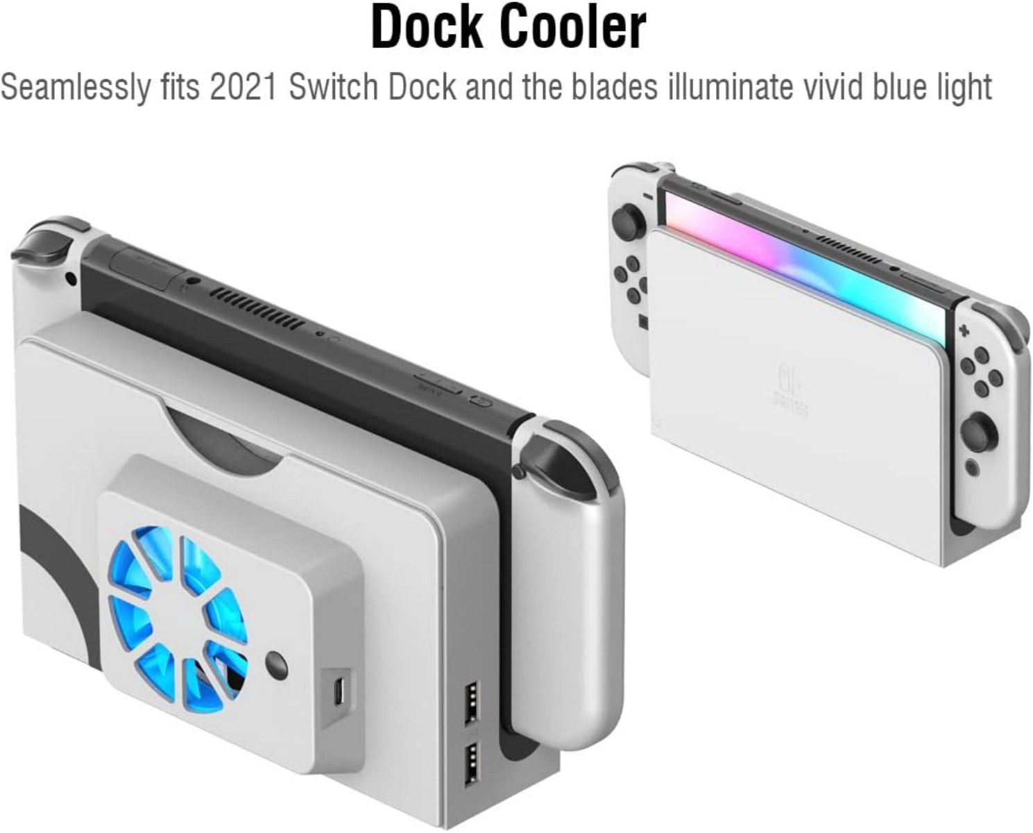 Ein weißer Switch-Dock-Kühler mit blau beleuchtetem Lüfter und einem Switch-Konsole.