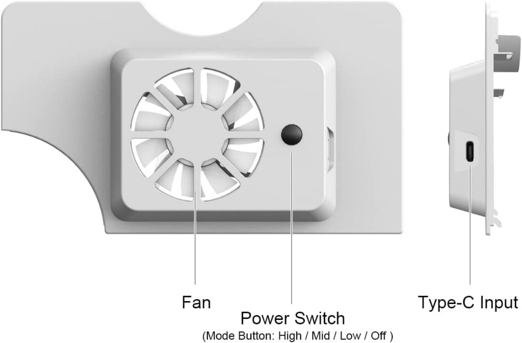 Ein weies Gerät mit einem Ventilator, einem Schalter und einem Typ-C-Anschluss.
