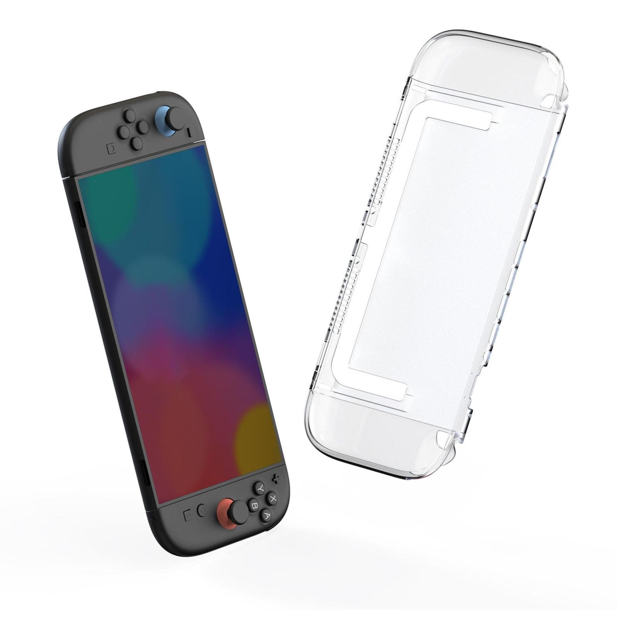 Un dispositivo portátil negro con pantalla degradada junto a una funda transparente.
