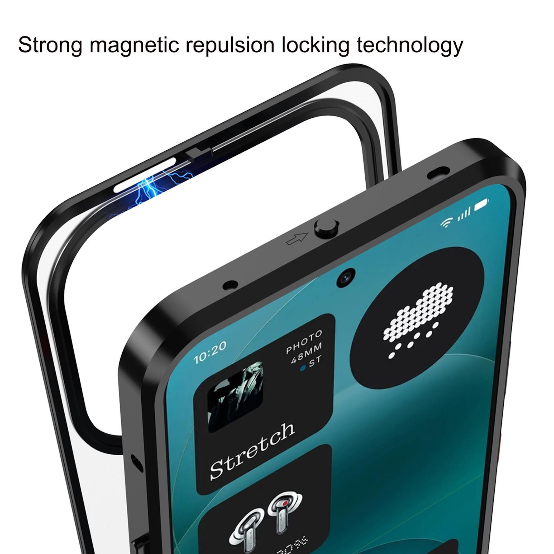 Ein schwarzer Handyrahmen mit blauen Blitzen. Das Display zeigt Widgets.