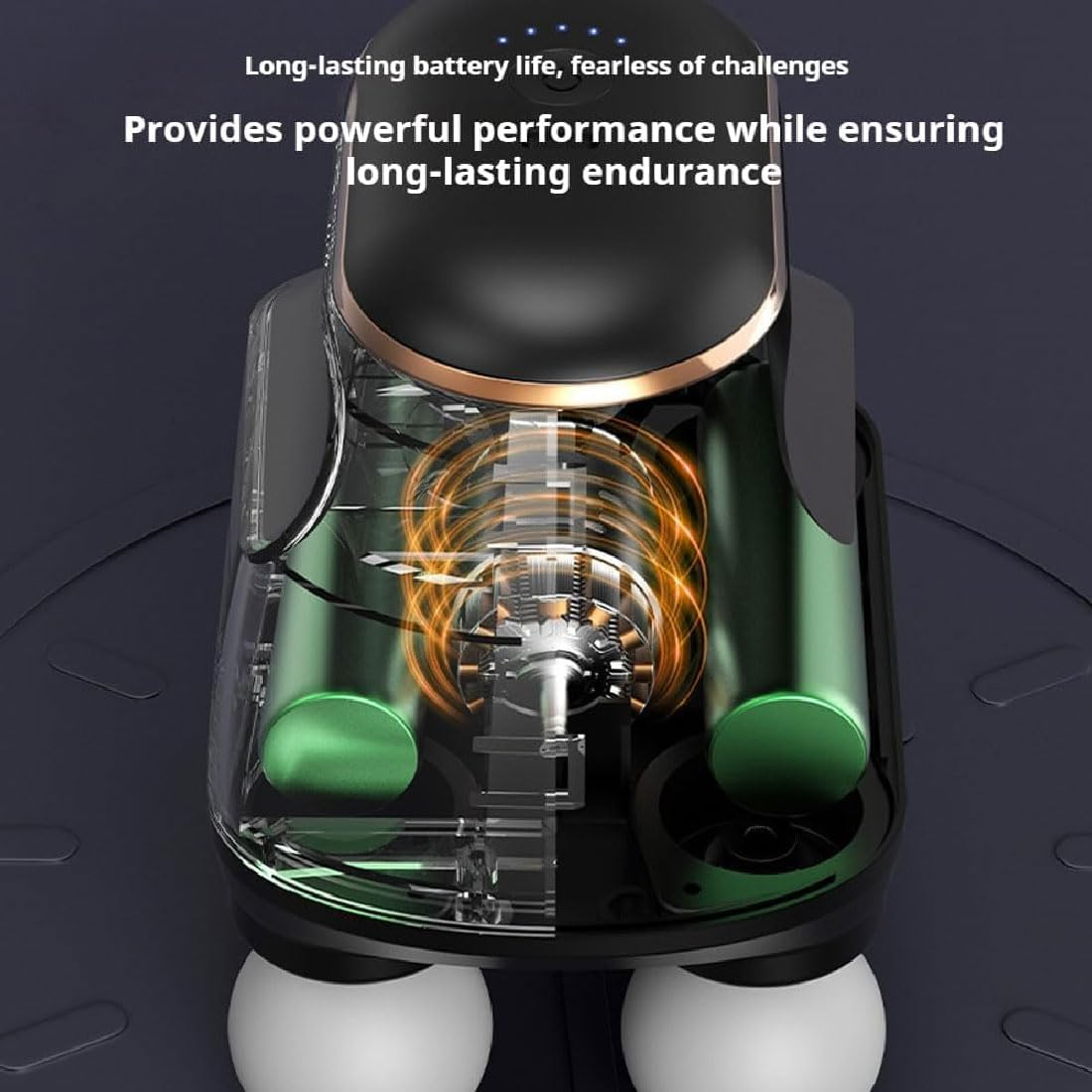 Drahtlose Ohrhörer mit transparentem Gehäuse, das die interne Mechanik zeigt.