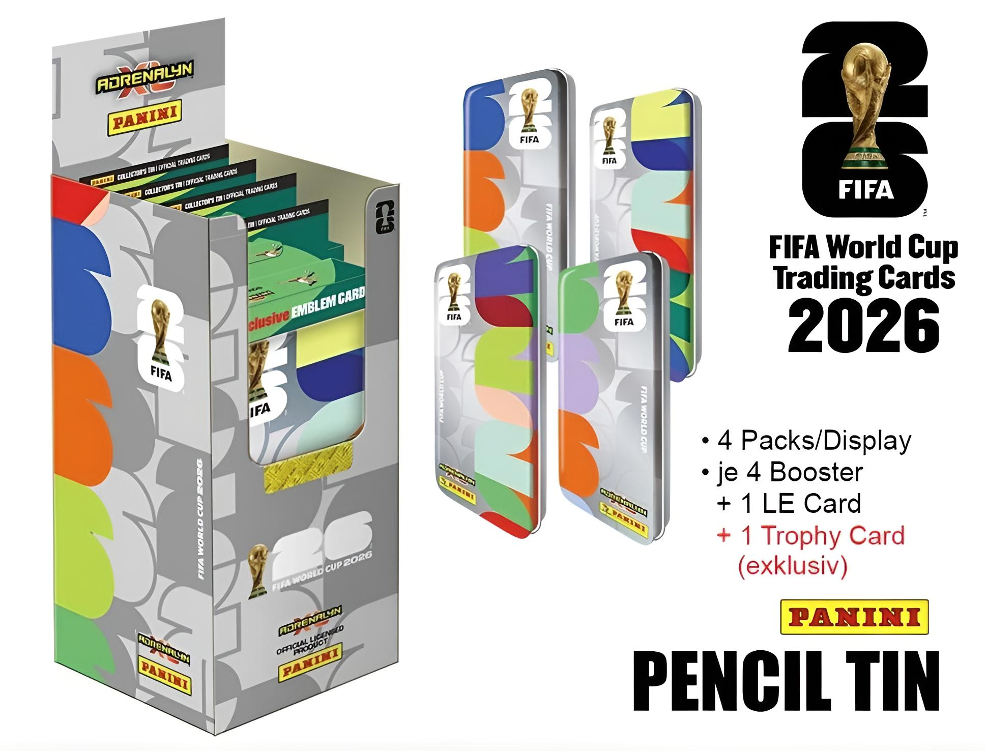 FIFA WM 2026 Panini Sammelkarten Box und Dosen mit bunten Motiven.