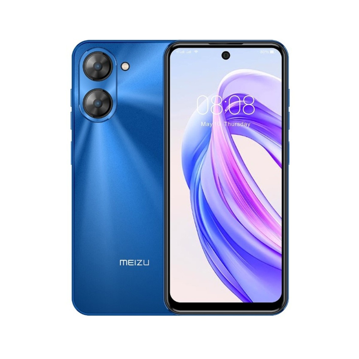 Smartphone blu con doppia fotocamera posteriore e schermo fantasia. Logo del marchio visibile.