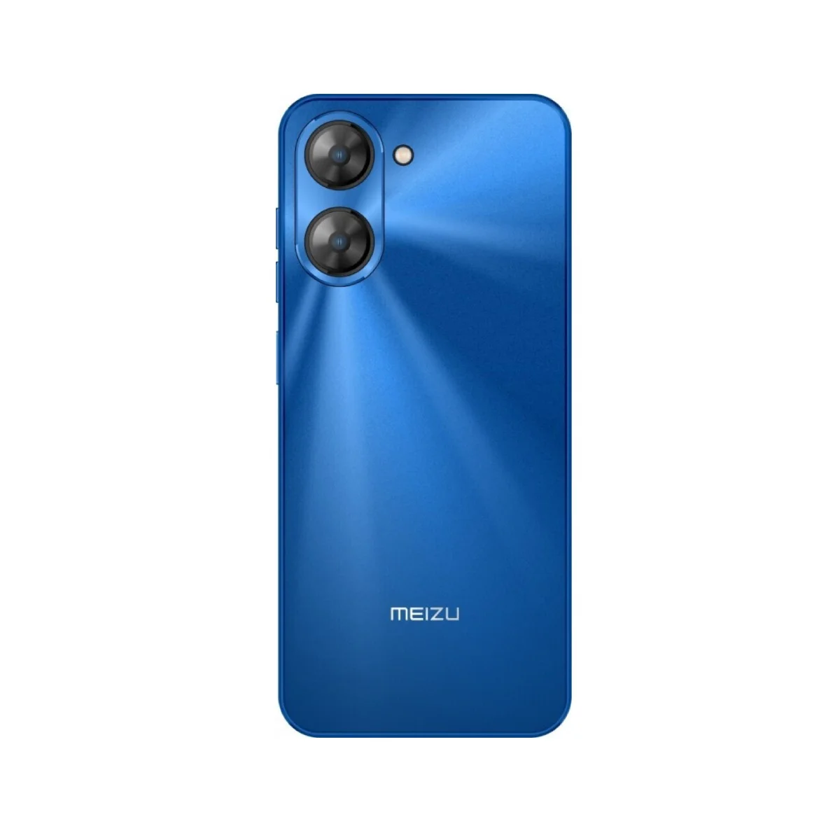 Smartphone blu con doppia fotocamera posteriore e flash, logo Meizu.