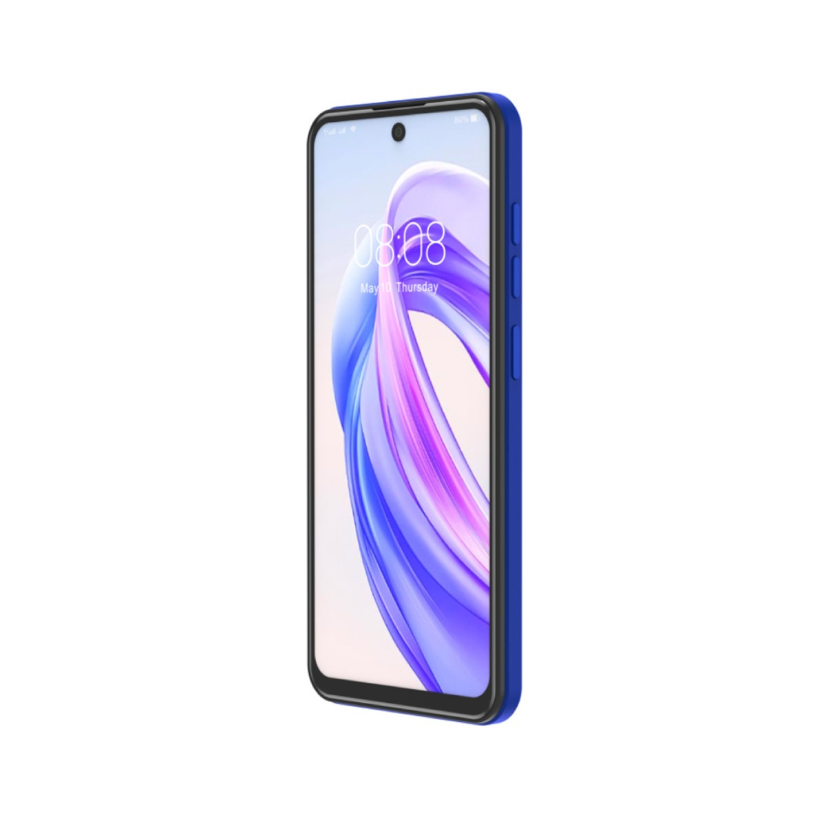Uno smartphone blu con uno sfondo colorato sullo schermo.