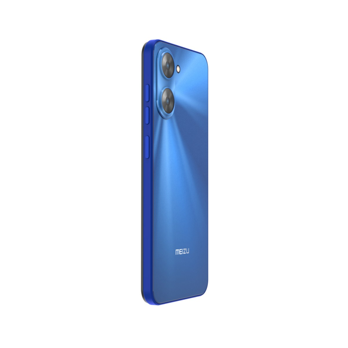 Retro di uno smartphone blu con due fotocamere e logo Meizu.