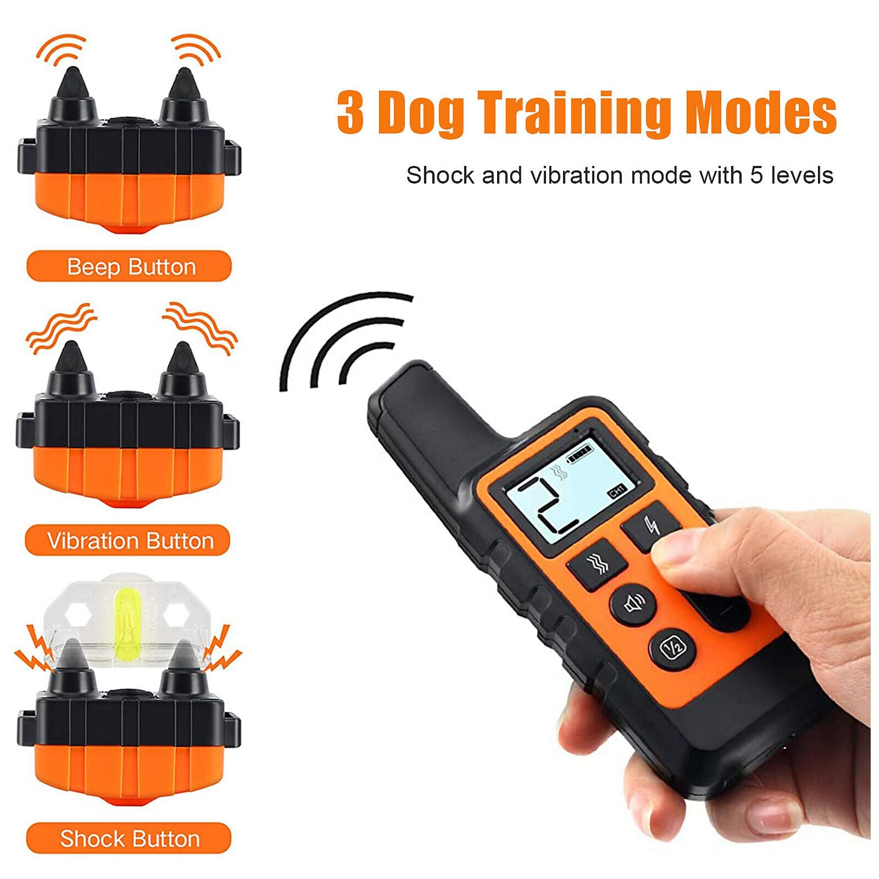 Ein orange-schwarzer Hundetrainer-Fernbediener wird in der Hand gehalten. Optionen: Beep, Vibration, Schock.