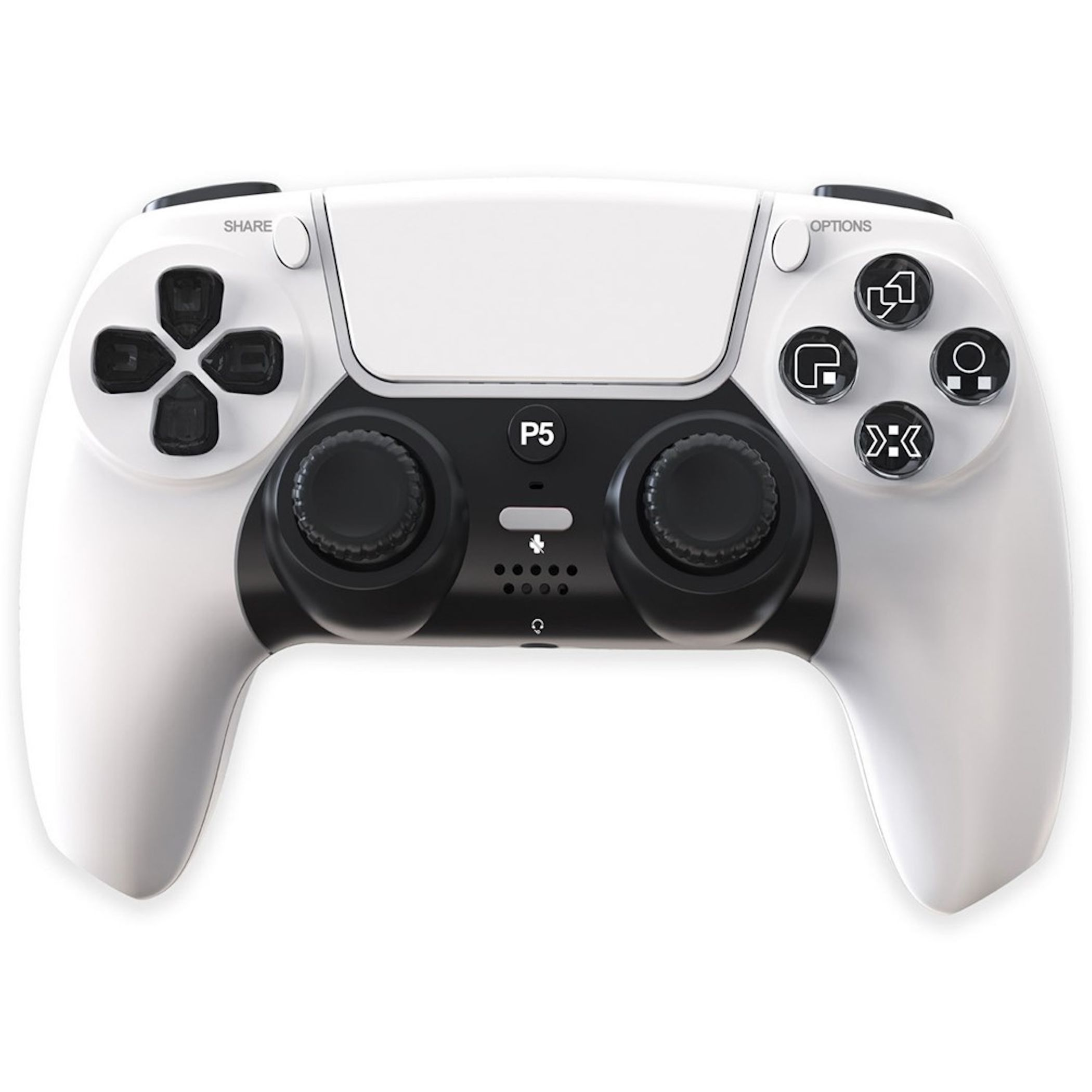 Ein weißer Gaming-Controller mit schwarzen Akzenten und Tasten.