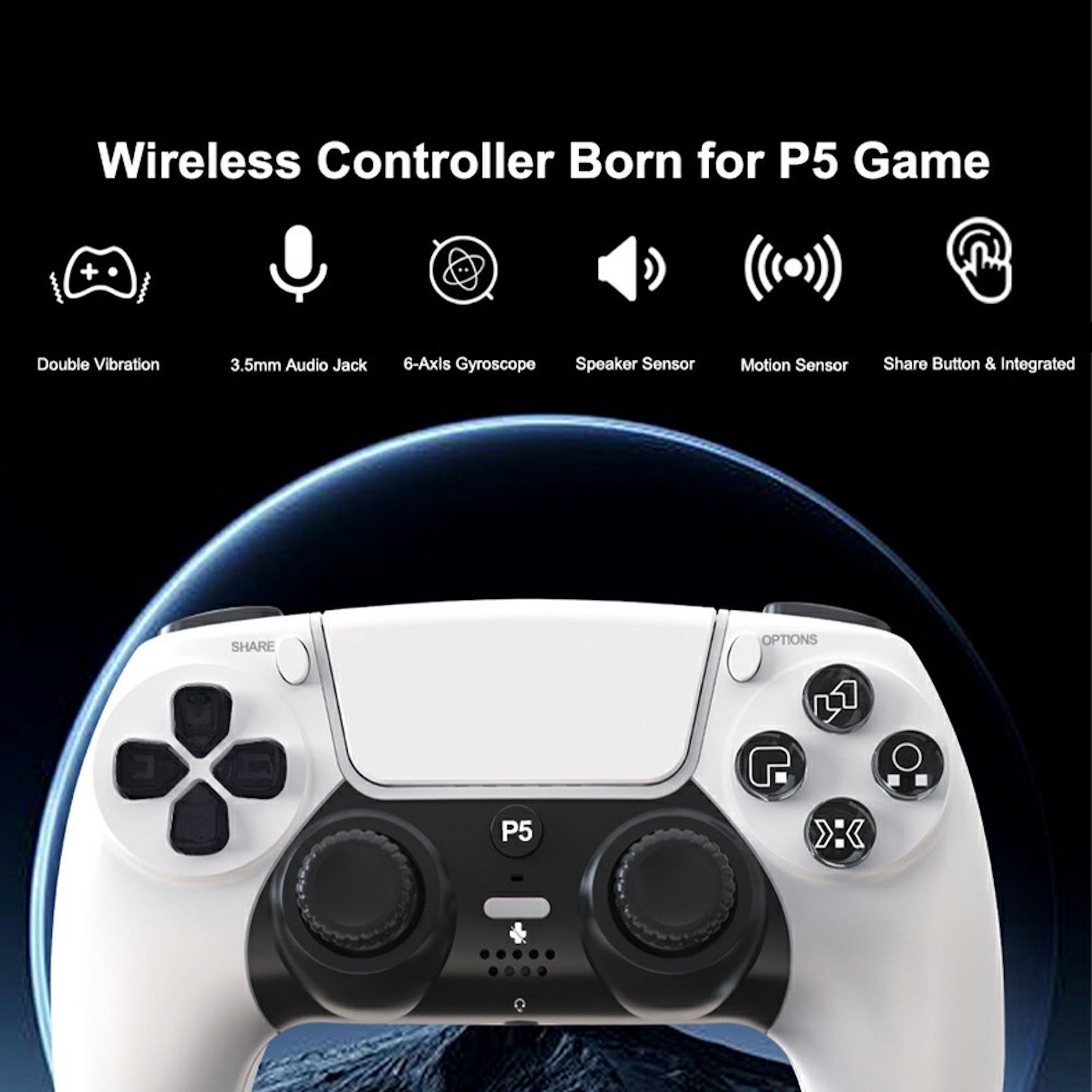 Ein weißer kabelloser P5-Controller mit schwarzen Akzenten und Symbolen.