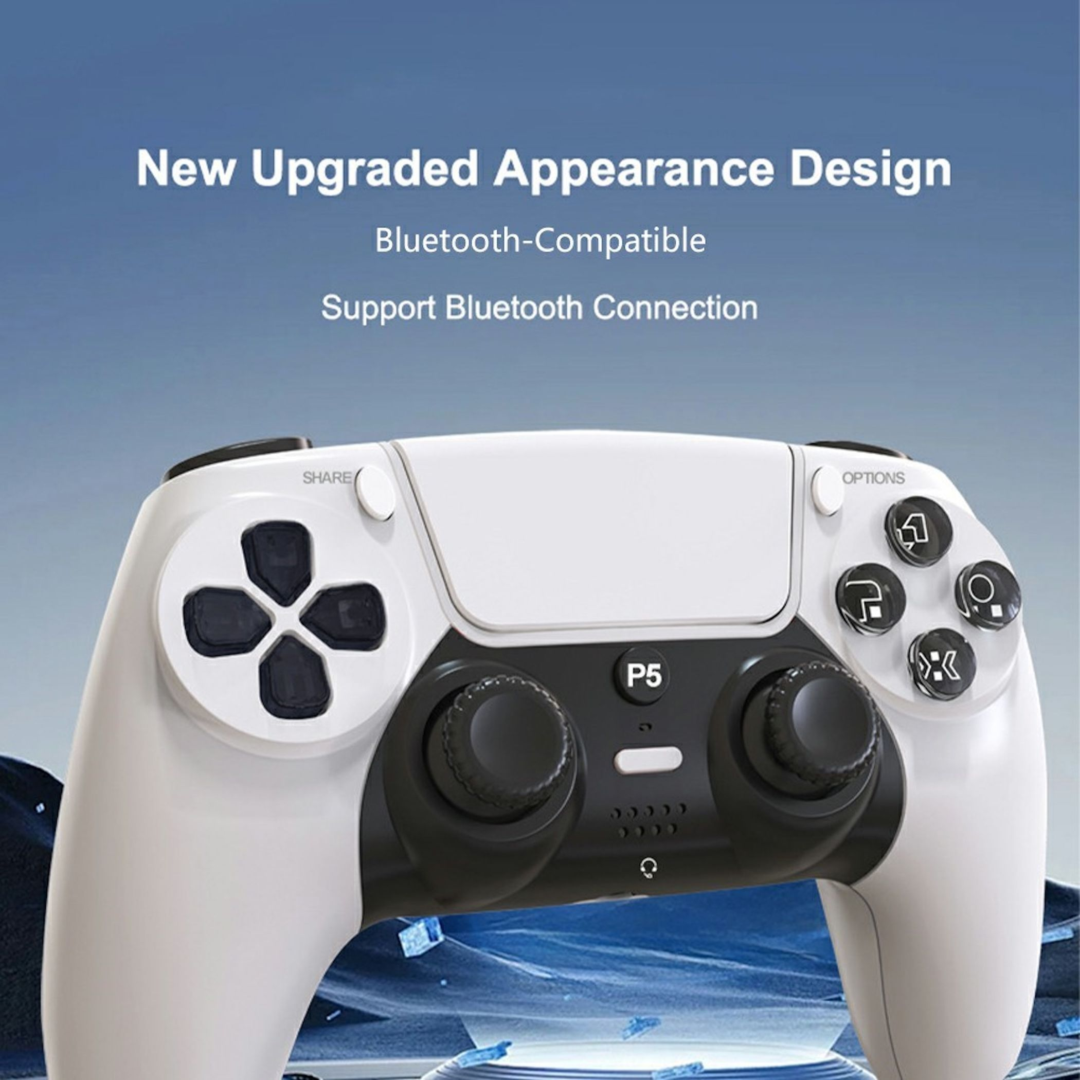 Ein weißer Gamecontroller mit schwarzem Steuerkreuz und Tasten auf blauem Hintergrund.