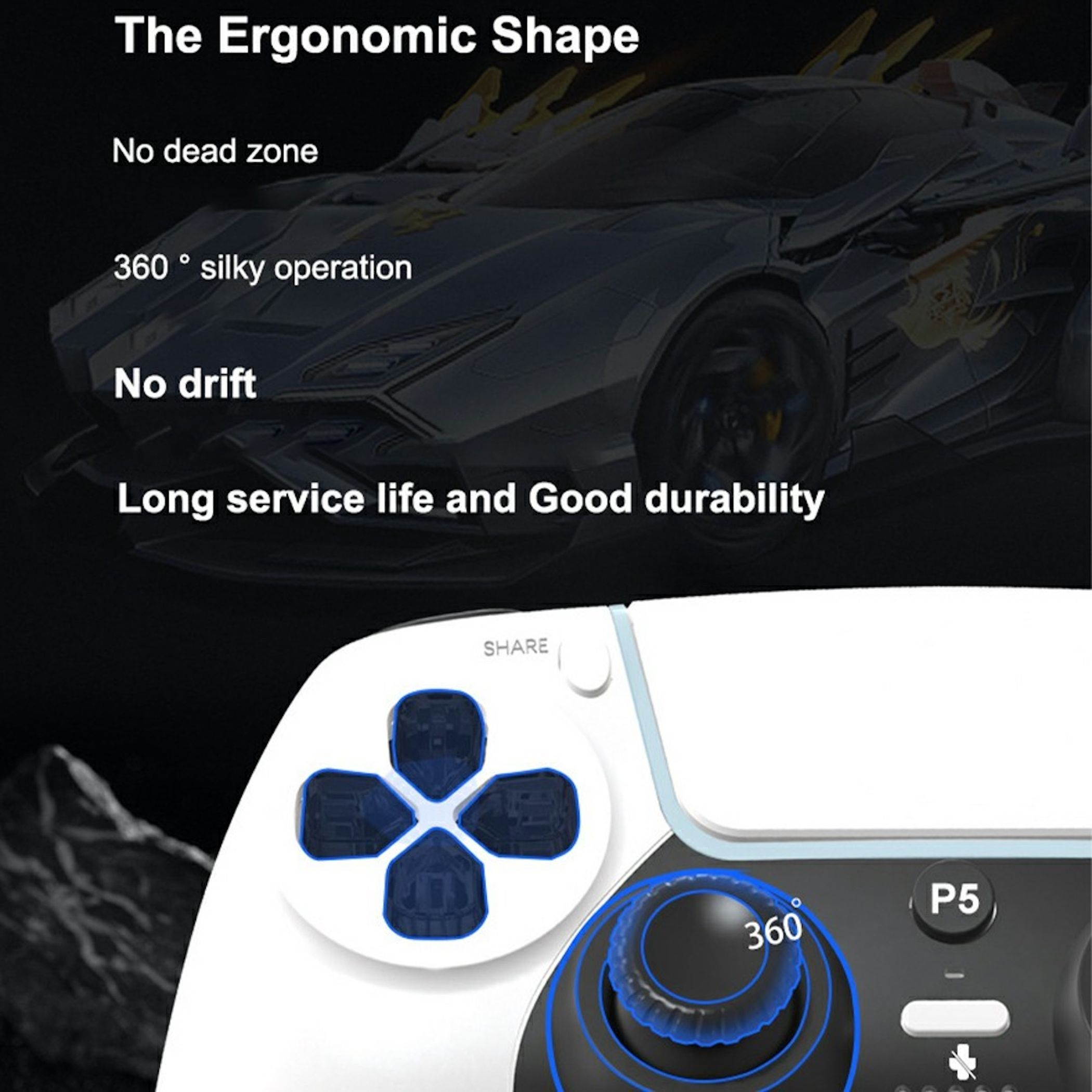 Weiße-Spielekonsole mit blauen Richtungstasten und einem 360-Drehregler.