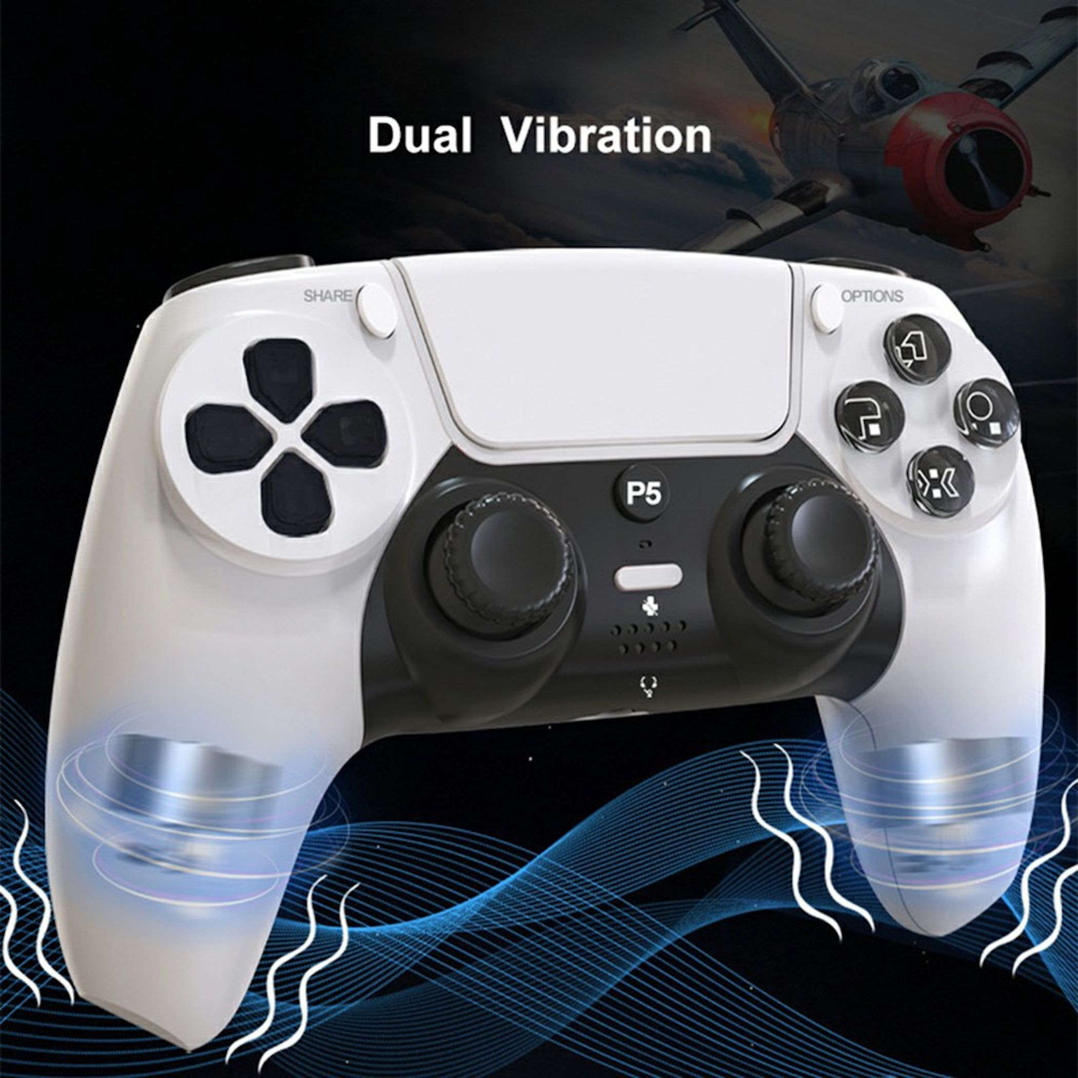 Ein weißer Controller mit schwarzen Knöpfen und Joysticks, mit Flugzeug im Hintergrund.