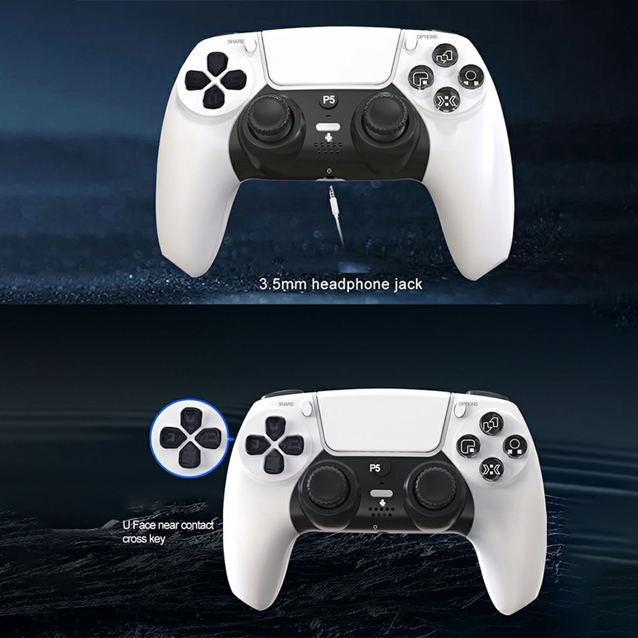 Weiße Controller-Vorderseite mit schwarzen Tasten und zwei Joysticks.