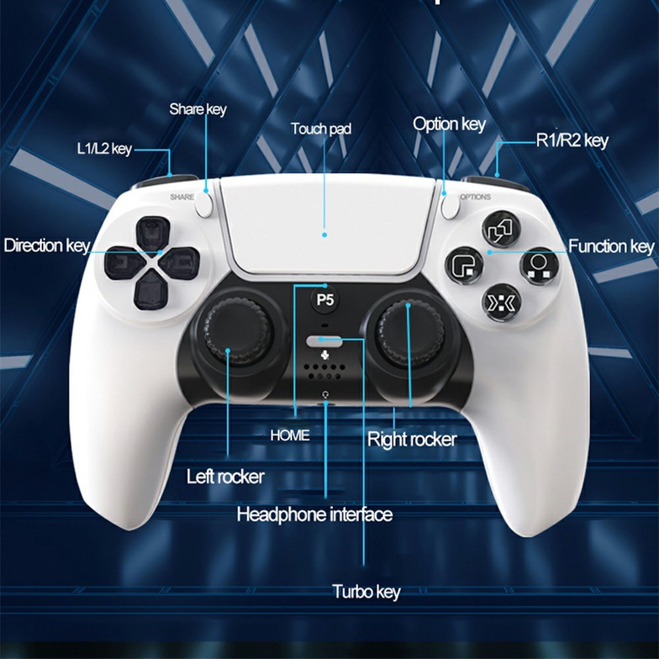 Ein weier Controller mit Beschriftungen fr Tasten, Touchpad und Rocker.