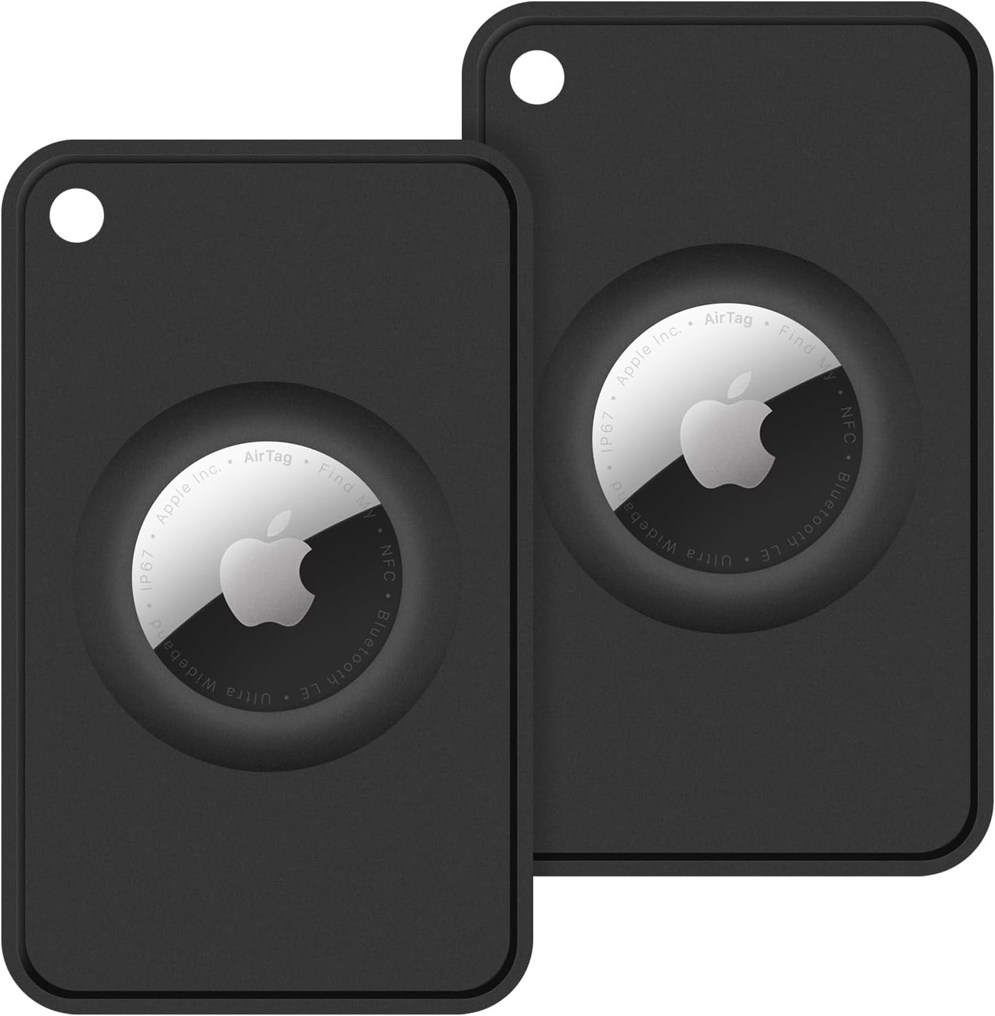 Zwei schwarze Apple AirTags mit silbernem Kern und Apple-Logo.