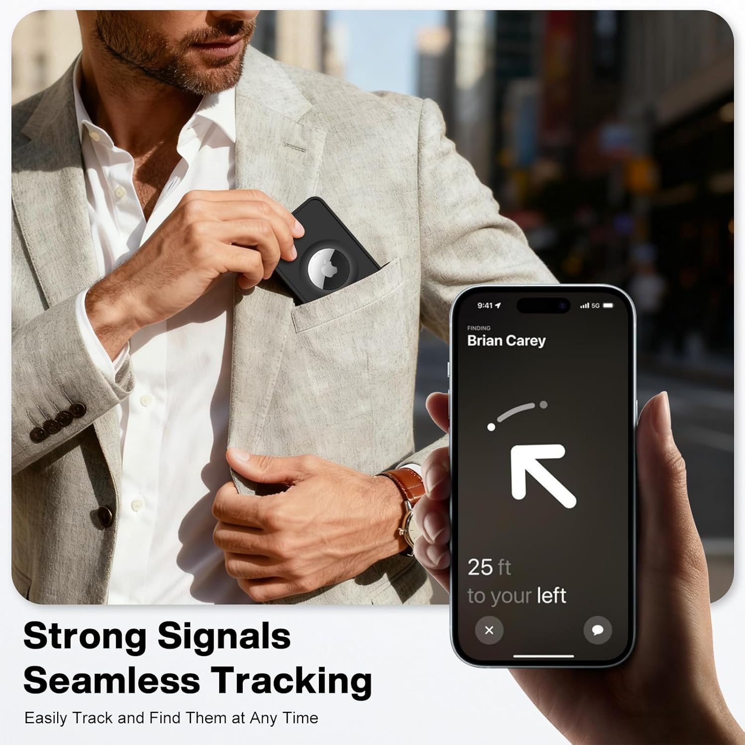 Mann steckt einen Tracker in die Tasche. Handy zeigt 25 Fuß links an.