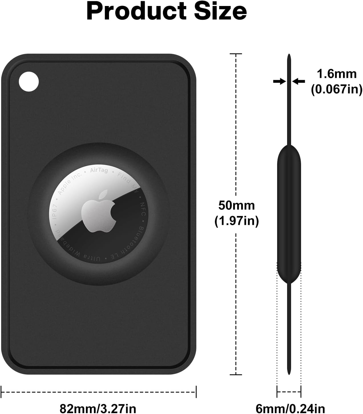 Schwarze Hülle für AirTag, 82mm breit, 50mm hoch, 6mm dick.