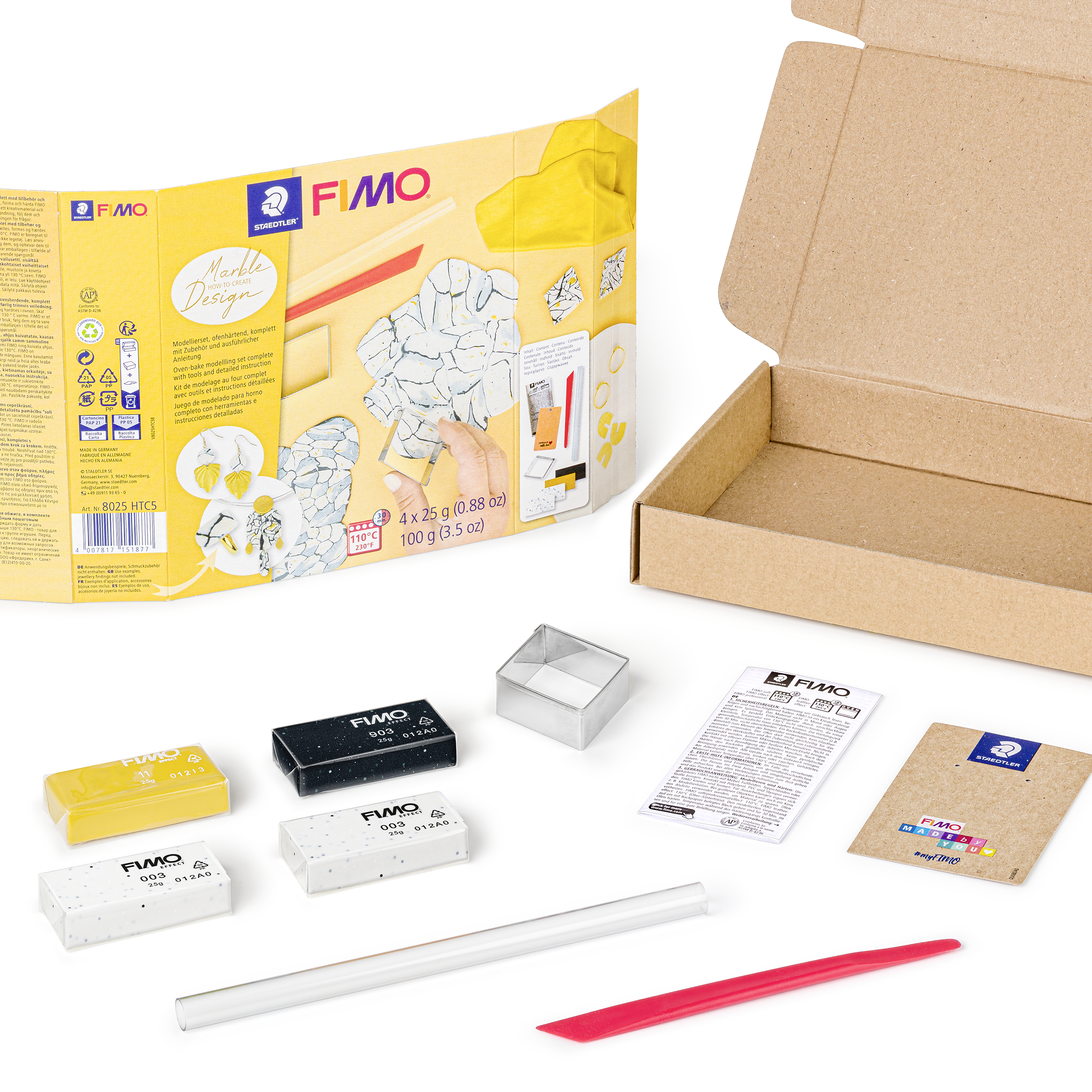 FIMO Modellierknete Set mit Werkzeugen, Anleitung und Backbox.