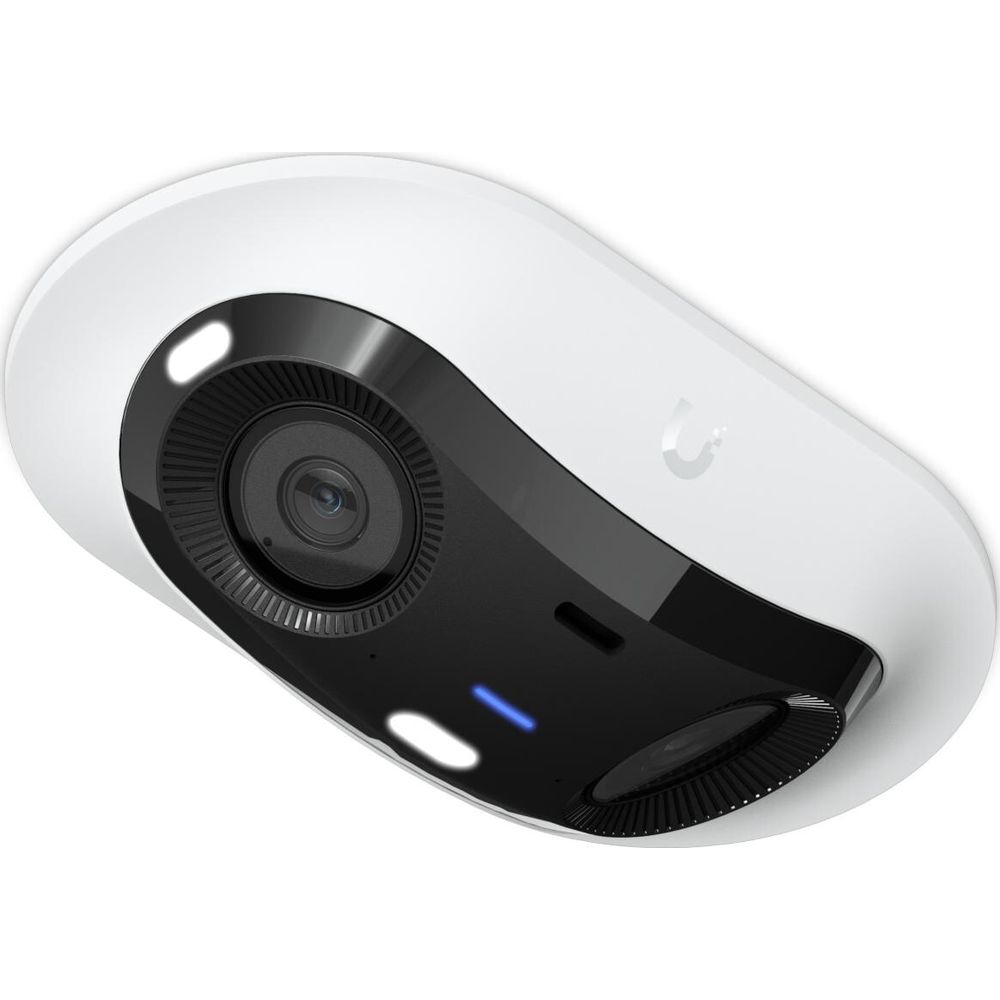 Weißes Überwachungsgerät mit schwarzer Vorderseite, Kamera und blauer LED.