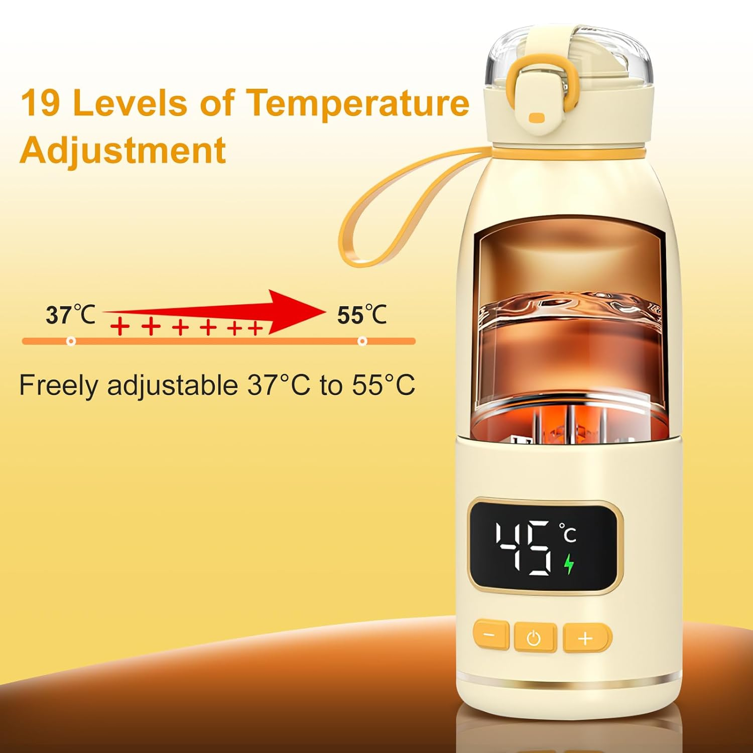 Creme-farbene Flasche mit Digitalanzeige (45°C), einstellbar 37-55°C.