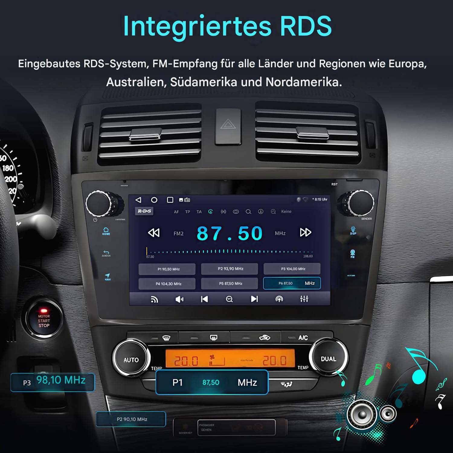 Ein Autoradio mit RDS-System, das FM-Sender anzeigt, mit Tasten und Drehreglern.