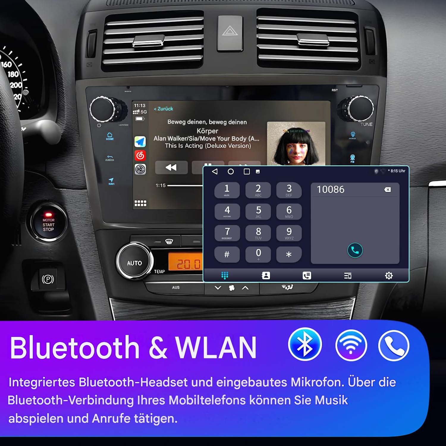Autoinnenraum mit Infotainmentsystem, das Musik spielt und eine Tastatur anzeigt.