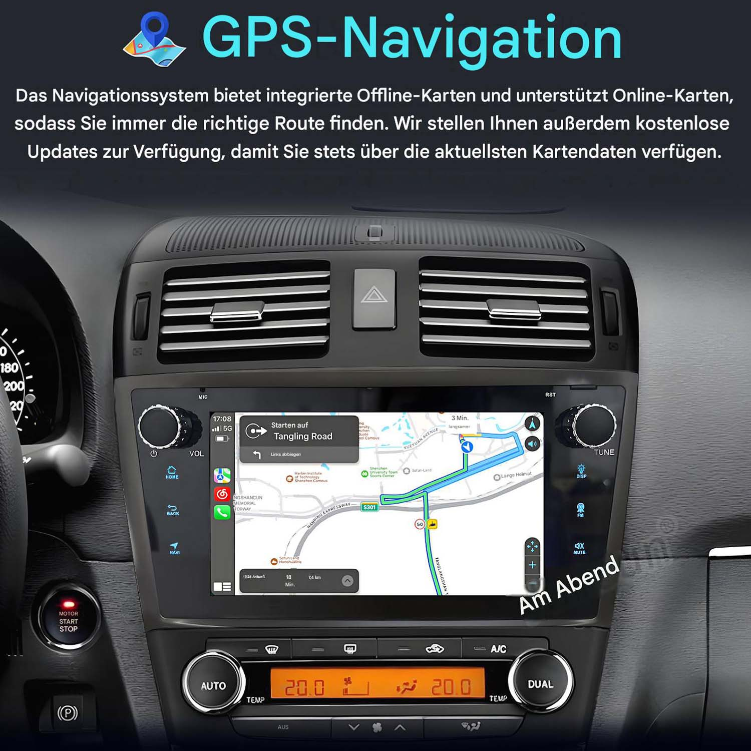 Armaturenbrett mit GPS-Navigation auf dem Touchscreen und Klimasteuerung.