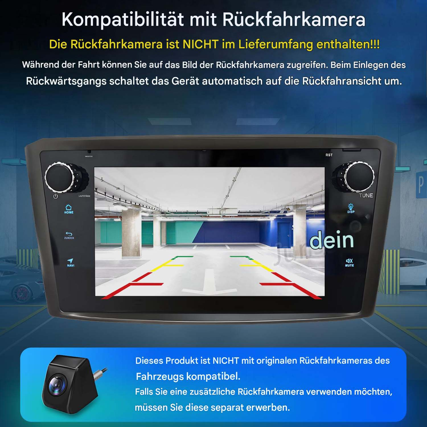 Ein Autoradio zeigt die Ansicht einer Rückfahrkamera in einer Parkgarage.