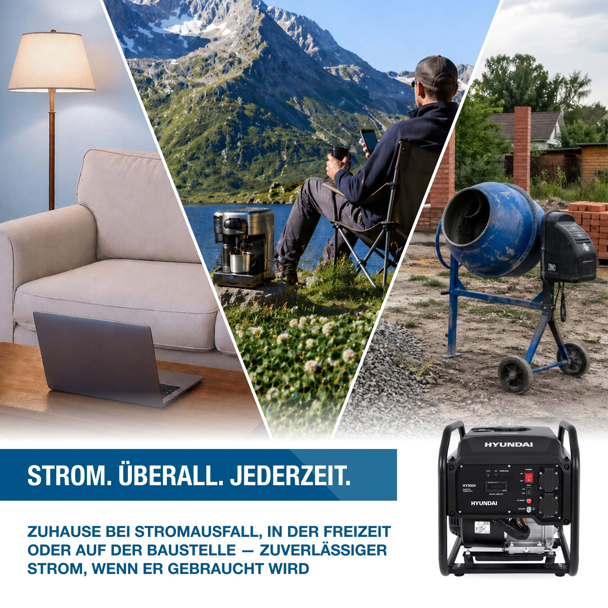 Collage: Wohnzimmer, Bergsee, Baustelle, Generator. Strom überall.