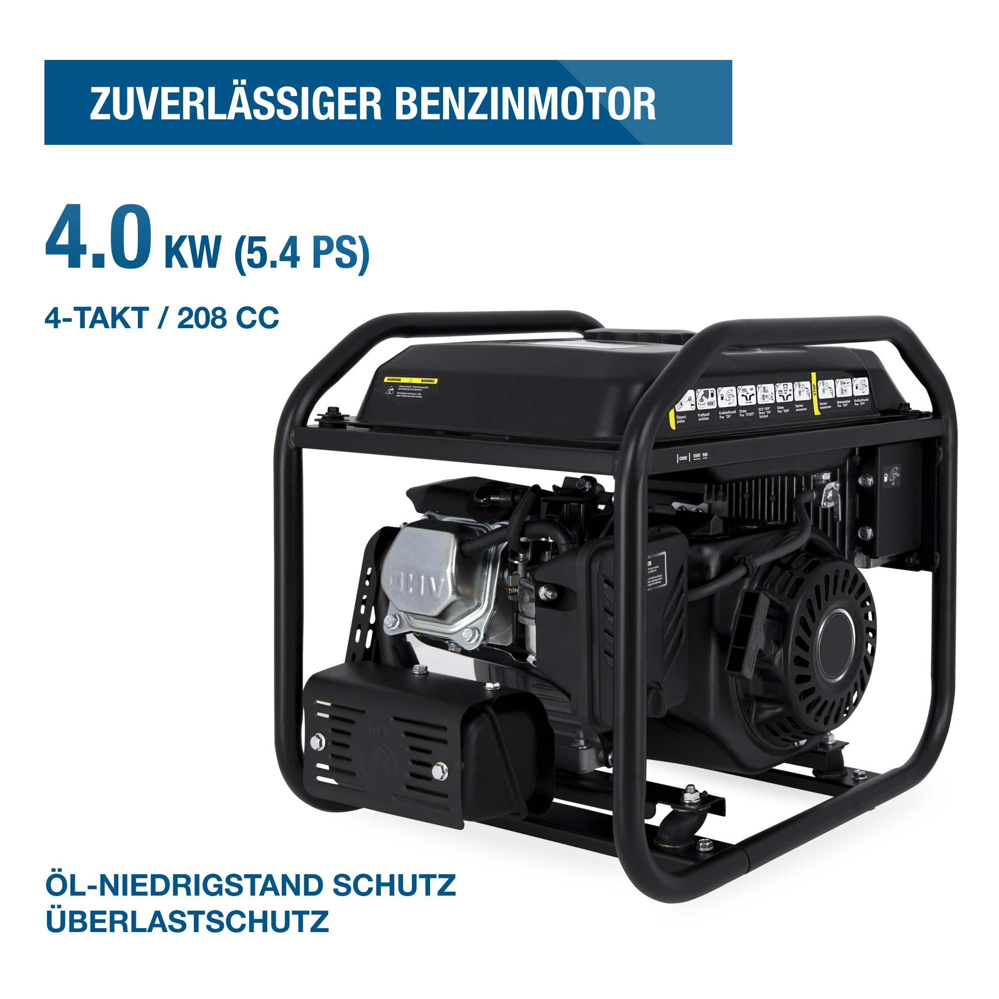 Ein schwarzer Benzinmotor mit 4.0 KW Leistung auf einem Metallgestell.