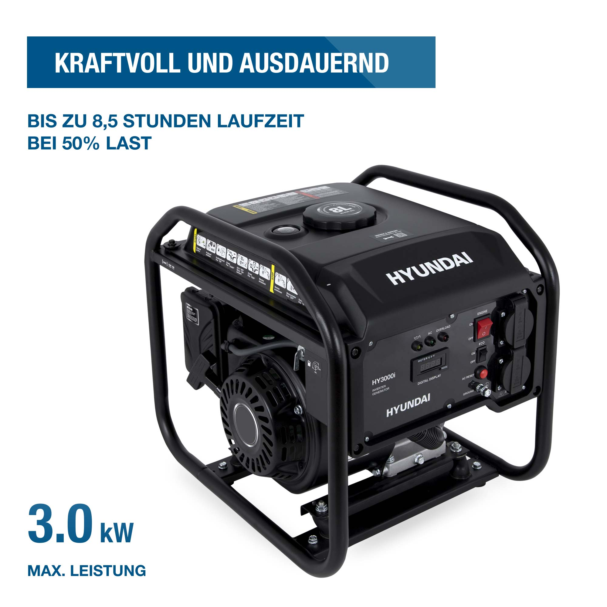 Schwarzer Hyundai 3.0 kW Wechselrichter-Generator mit schwarzem Metallrahmen.