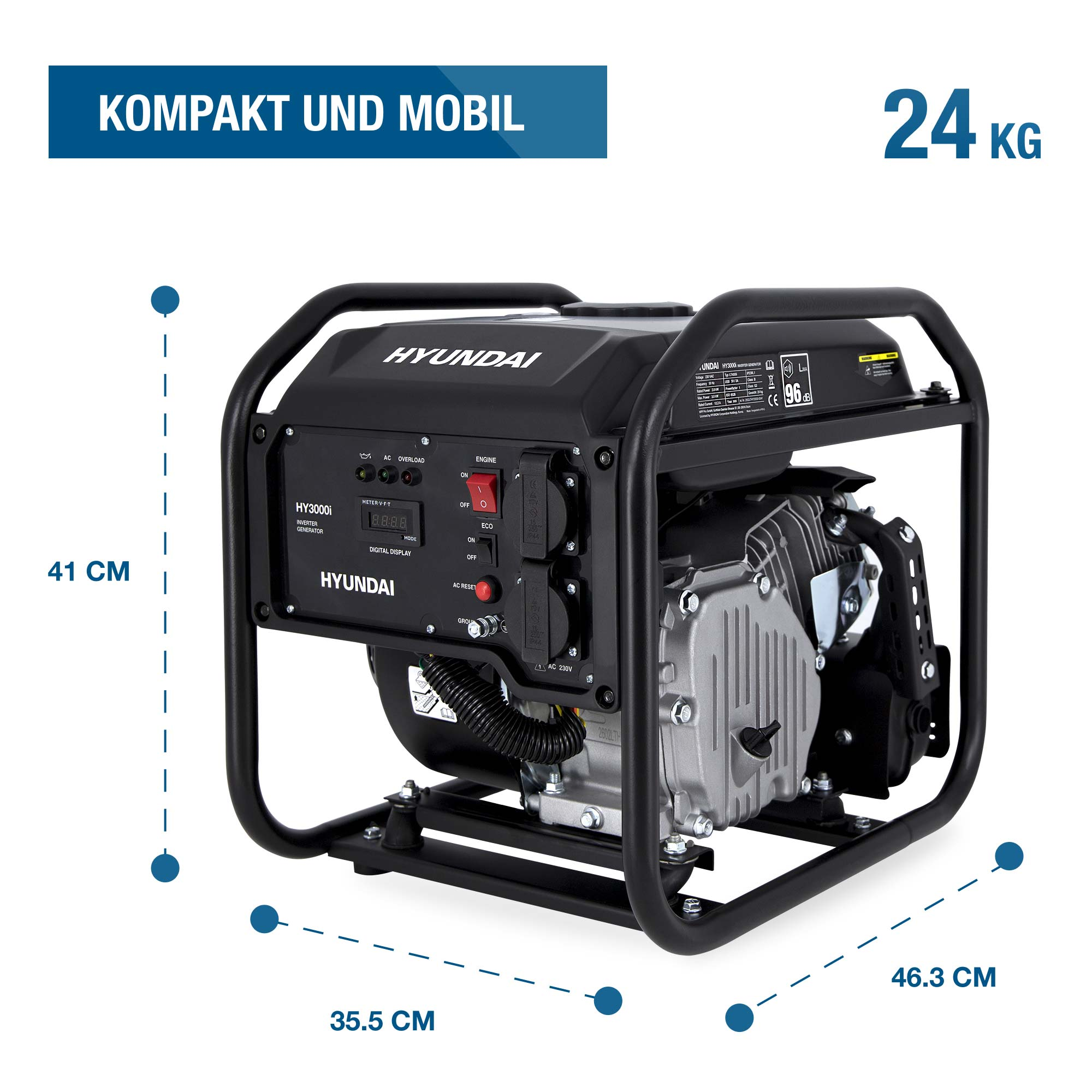 Ein tragbarer Hyundai Generator mit den Maßen 41x35,5x46,3 cm und 24 kg Gewicht.