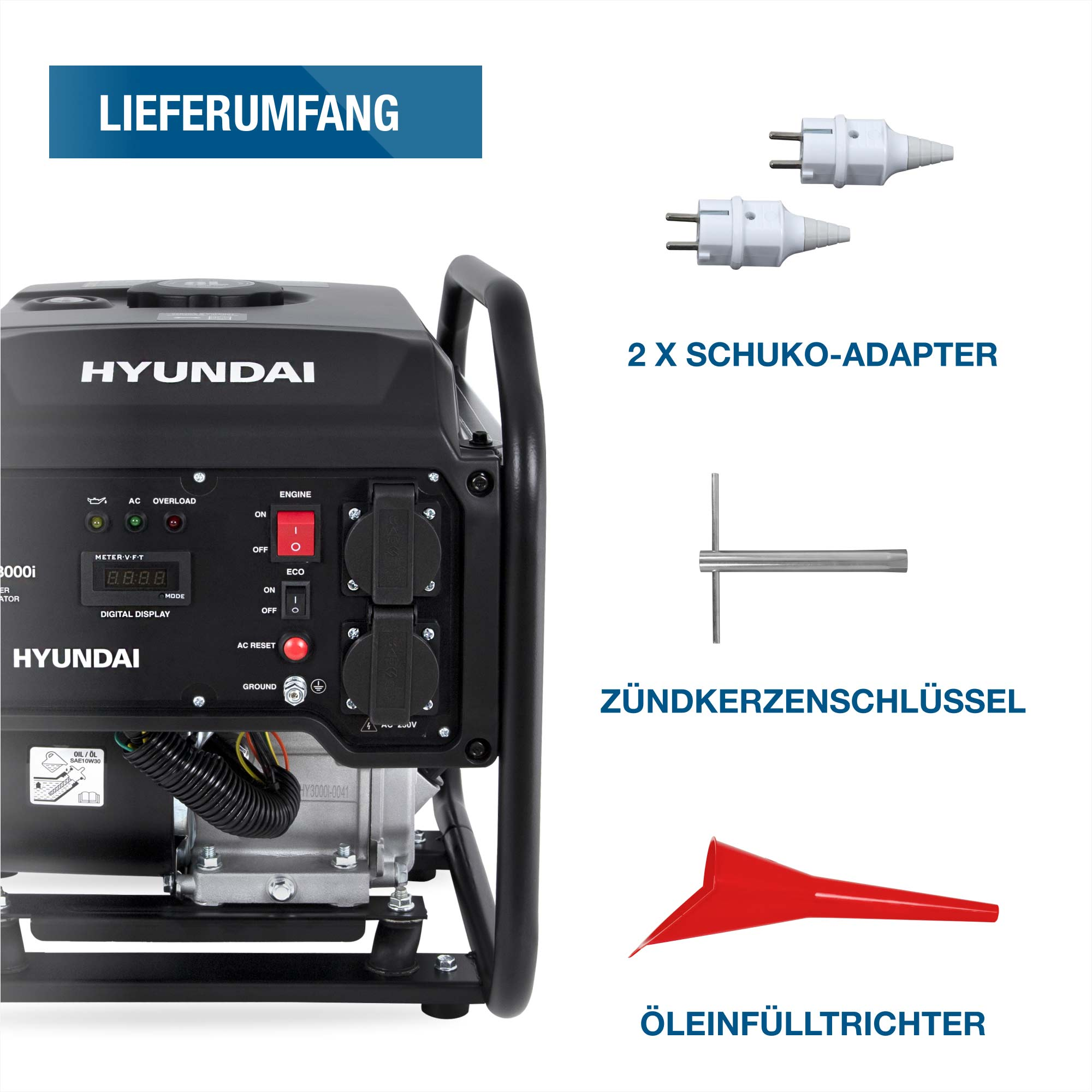 Stromgenerator mit Zubehör: Adapter, Zündkerzenschlüssel und Öleinfülltrichter.