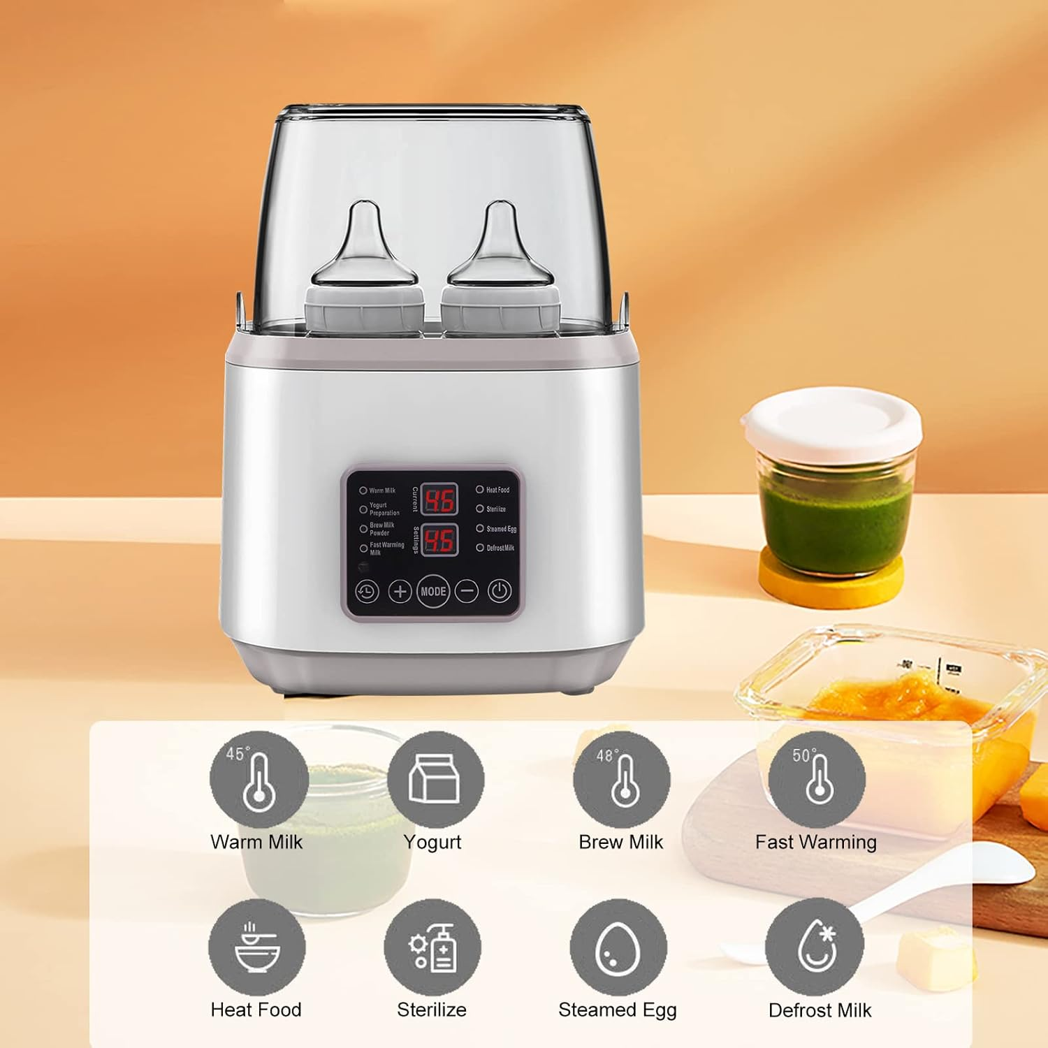 Babyflaschenwärmer mit LCD-Display und verschiedenen Funktionen wie Aufwärmen, Joghurt, Brühmilch und mehr.