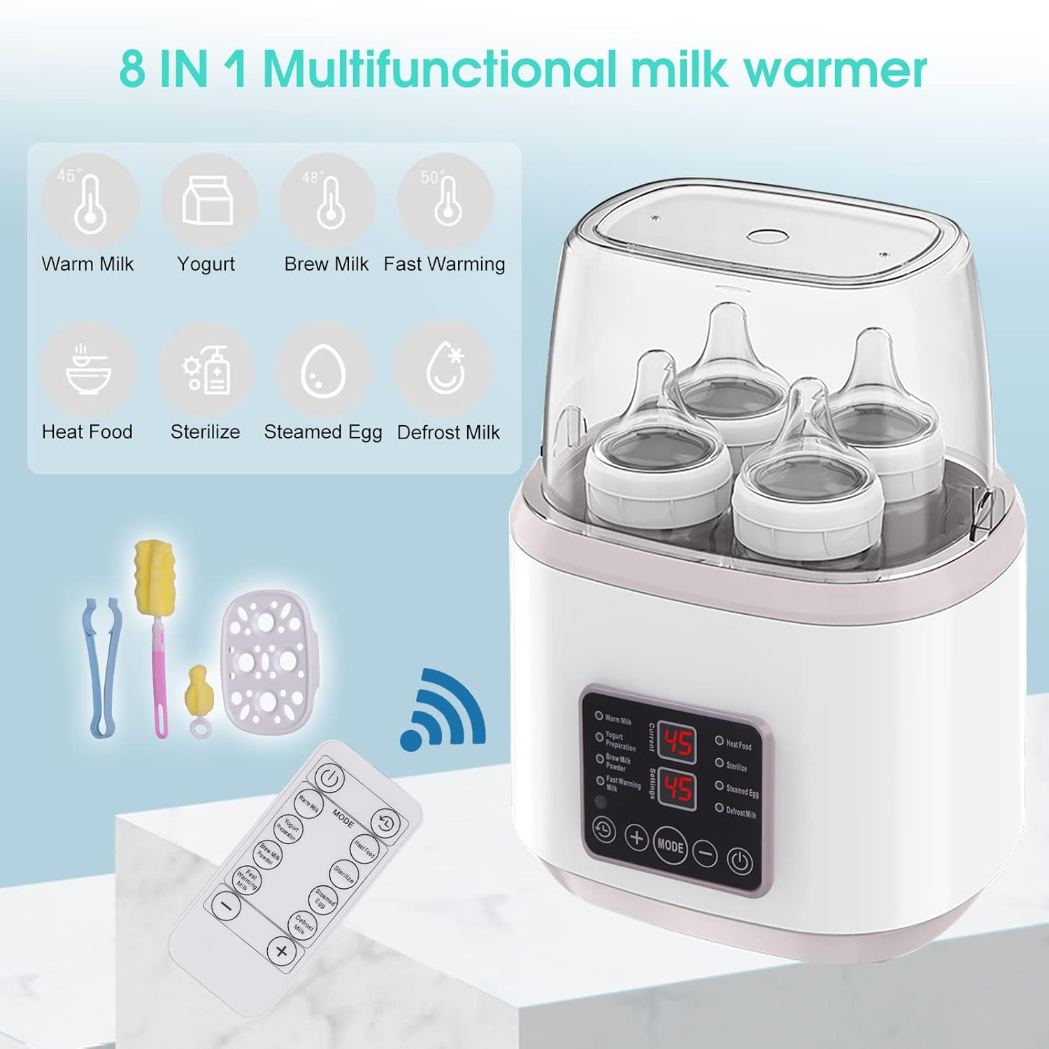 Ein multifunktionaler Milchwärmer mit 8 Funktionen, Flaschen und Zubehör.