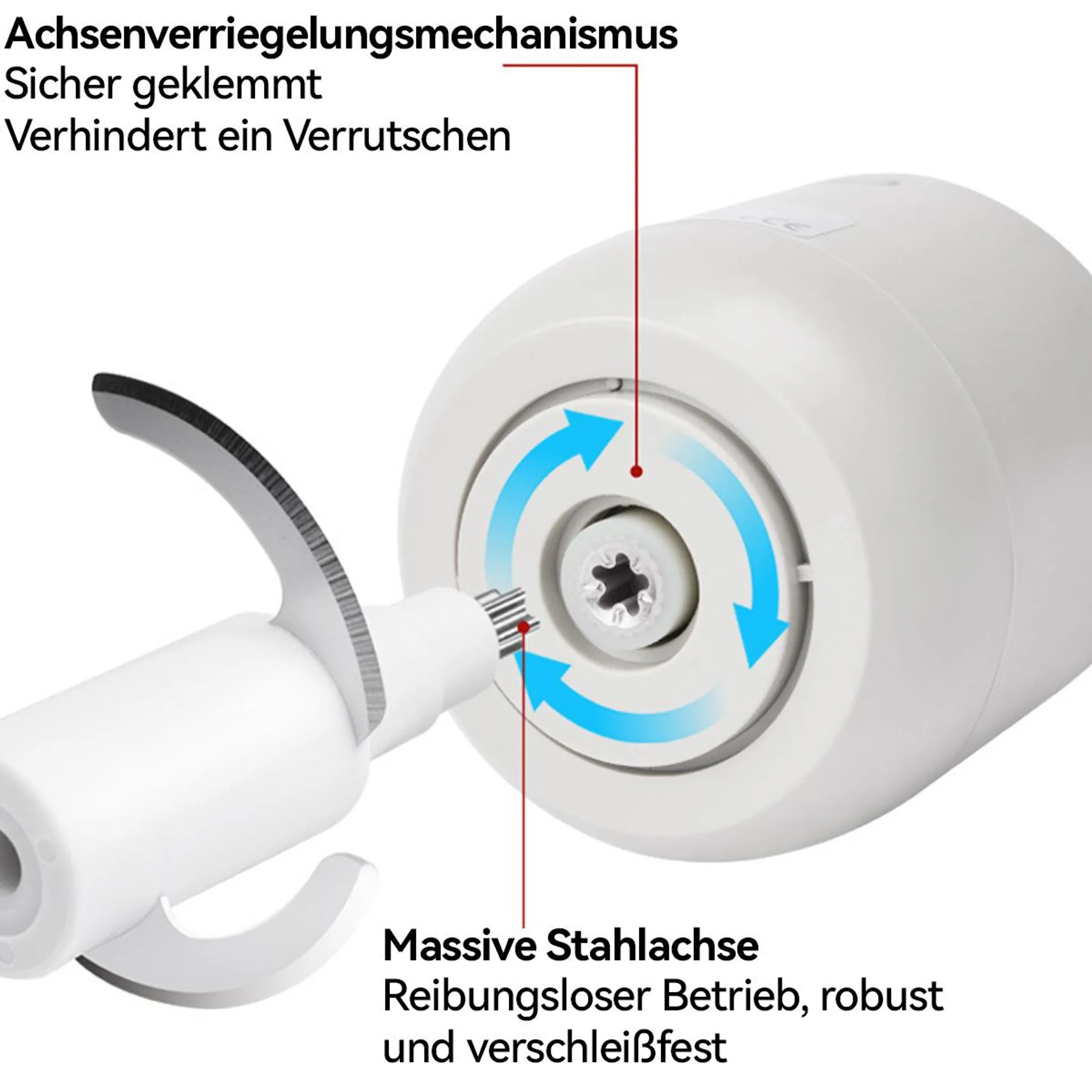 Nahaufnahme eines Zerkleinerer-Aufsatzes mit Stahlklinge und Achsenverriegelungsmechanismus.