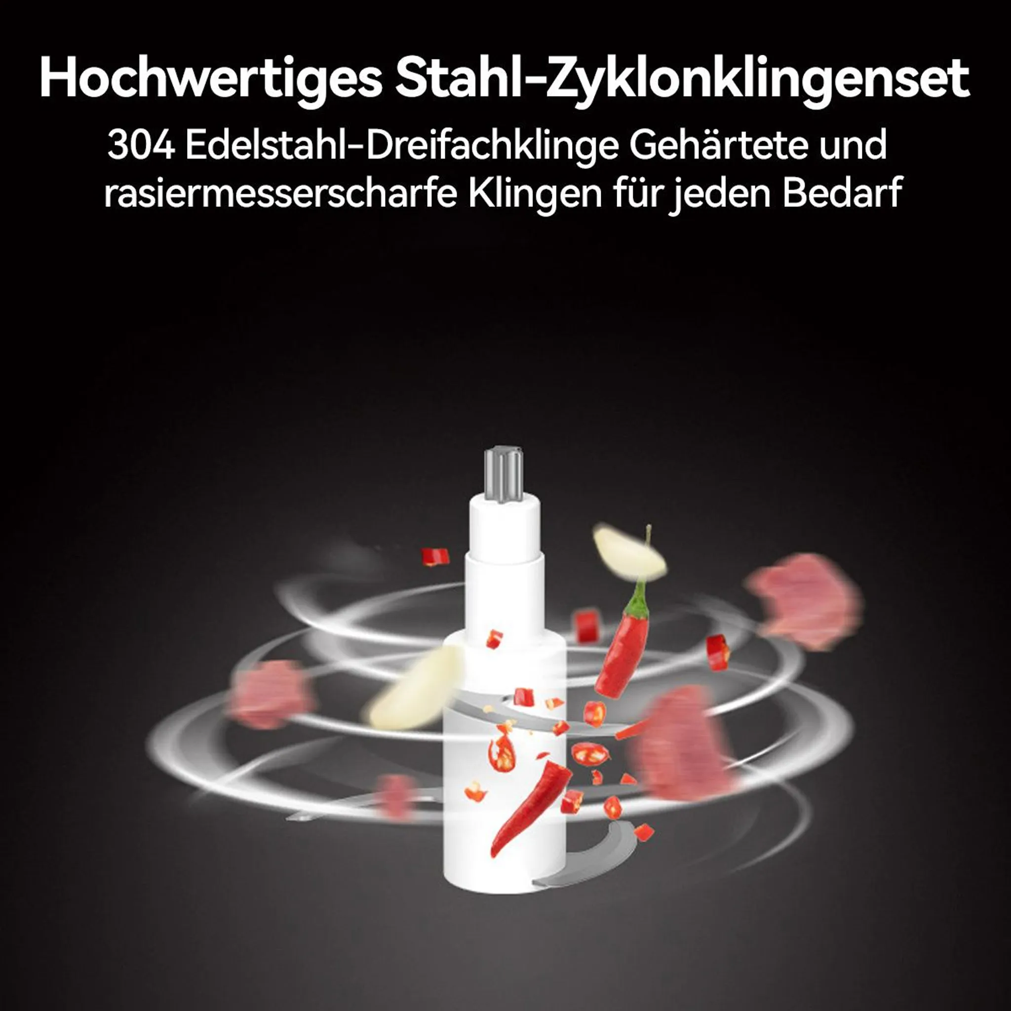 Ein weißer Zerkleinerer mit Fleisch, Chilischoten und Knoblauch, die sich drehen.